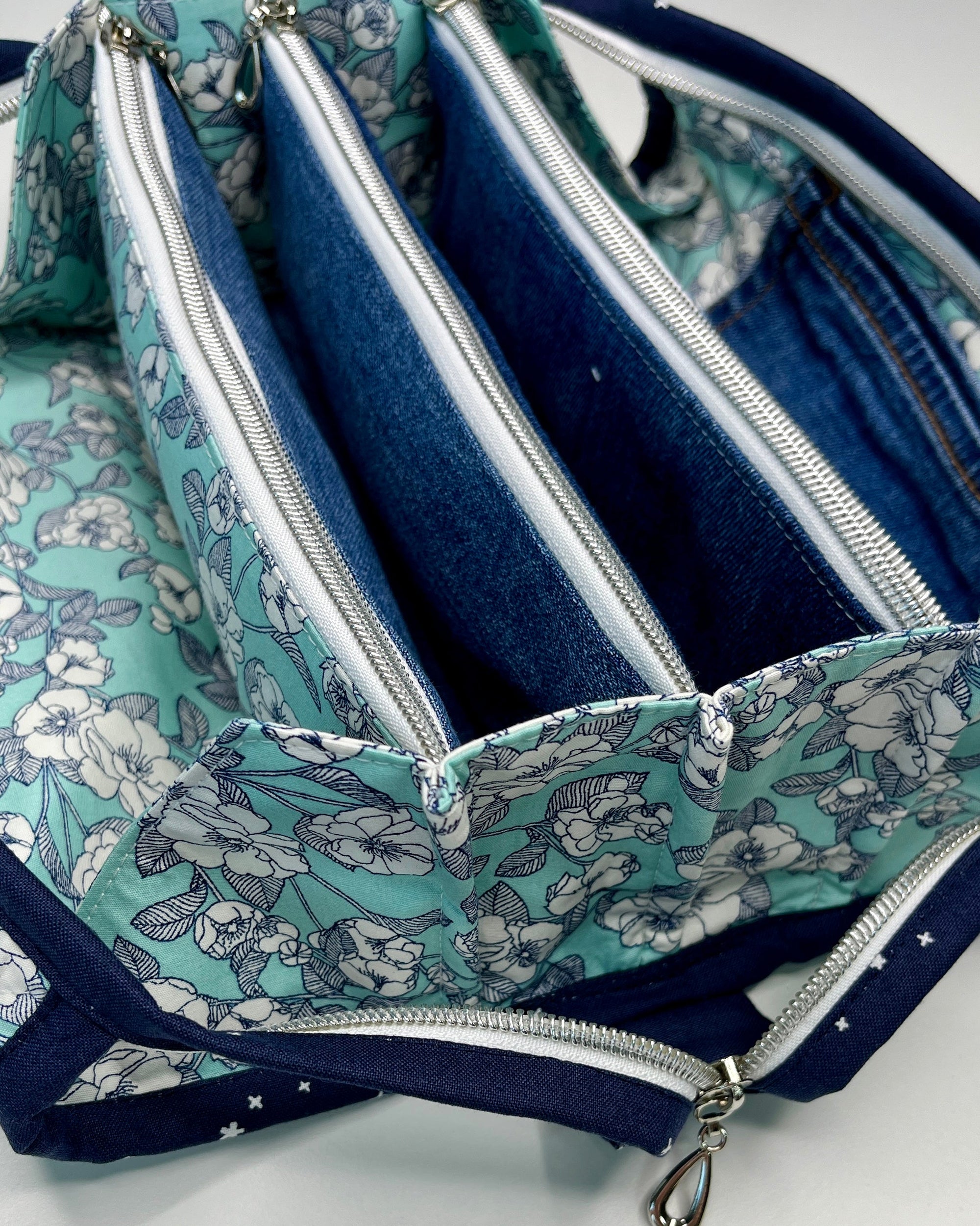 Sew Together Bag |Mint Navy White Floral | Craft Organisation - Uphouse Crafts