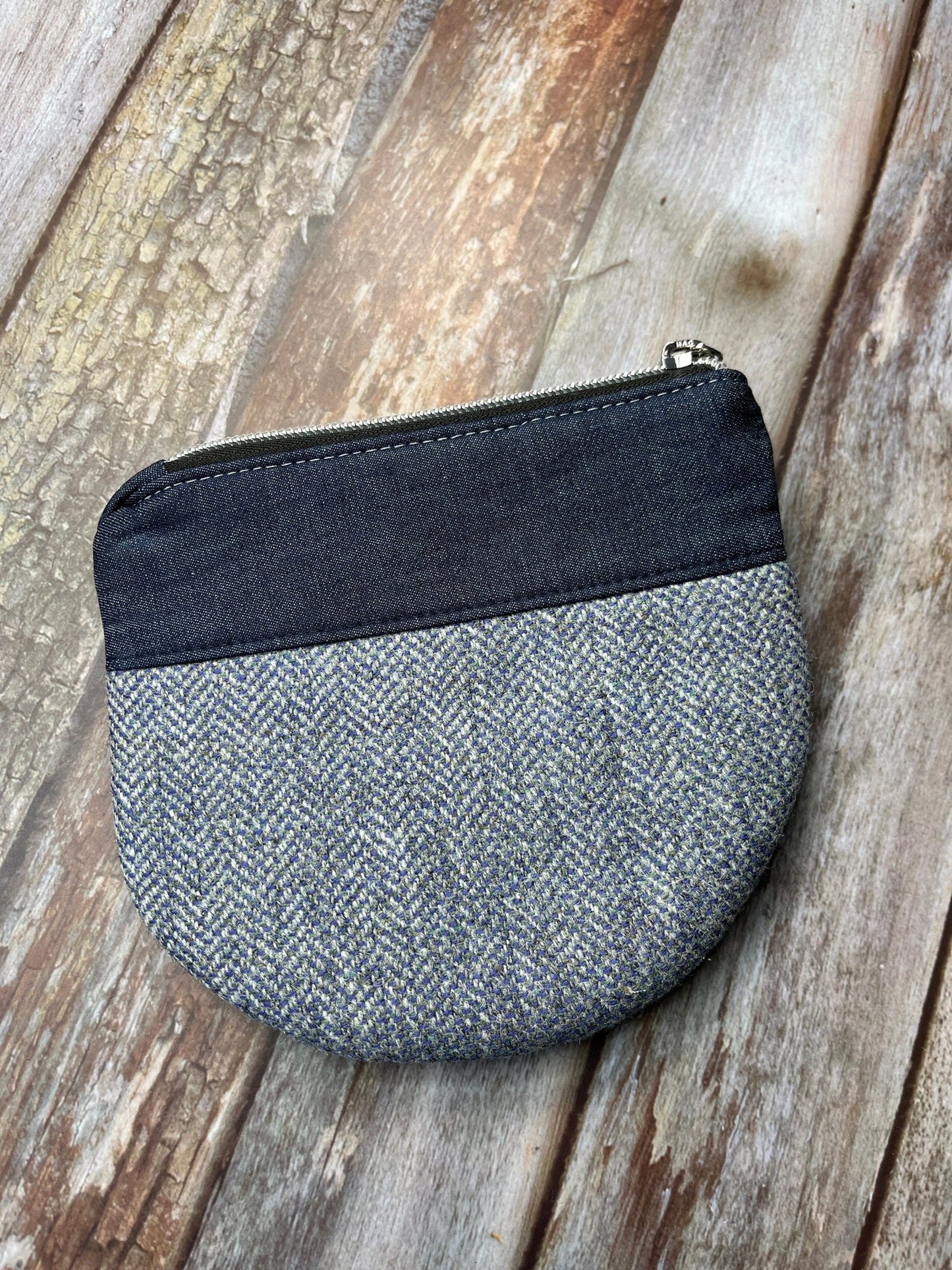 Shetland Blue Grey Tweed Round Wing Zip Purse - Uphouse Crafts