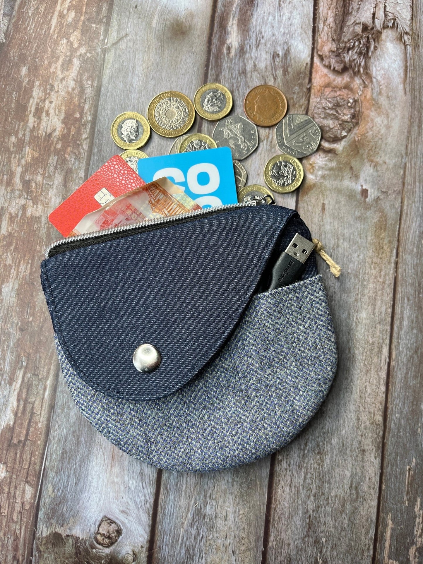 Shetland Blue Grey Tweed Round Wing Zip Purse - Uphouse Crafts