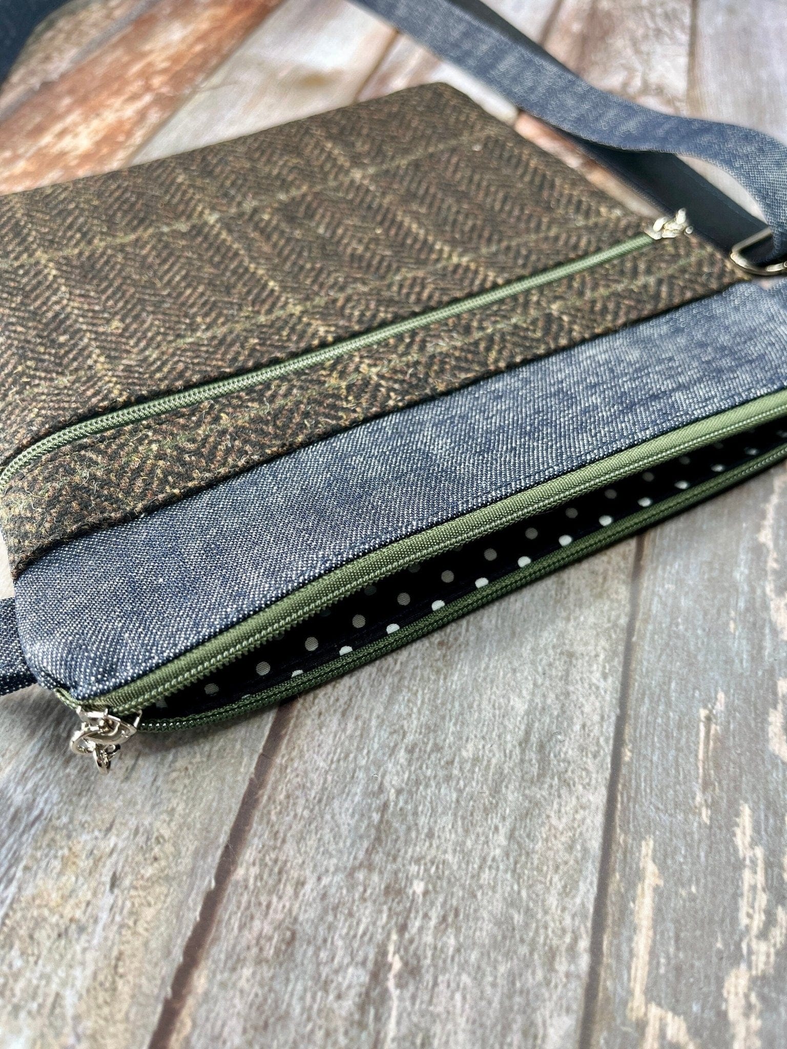 Small Crossbody Bag | Brown Khaki Wool Tweed & Denim