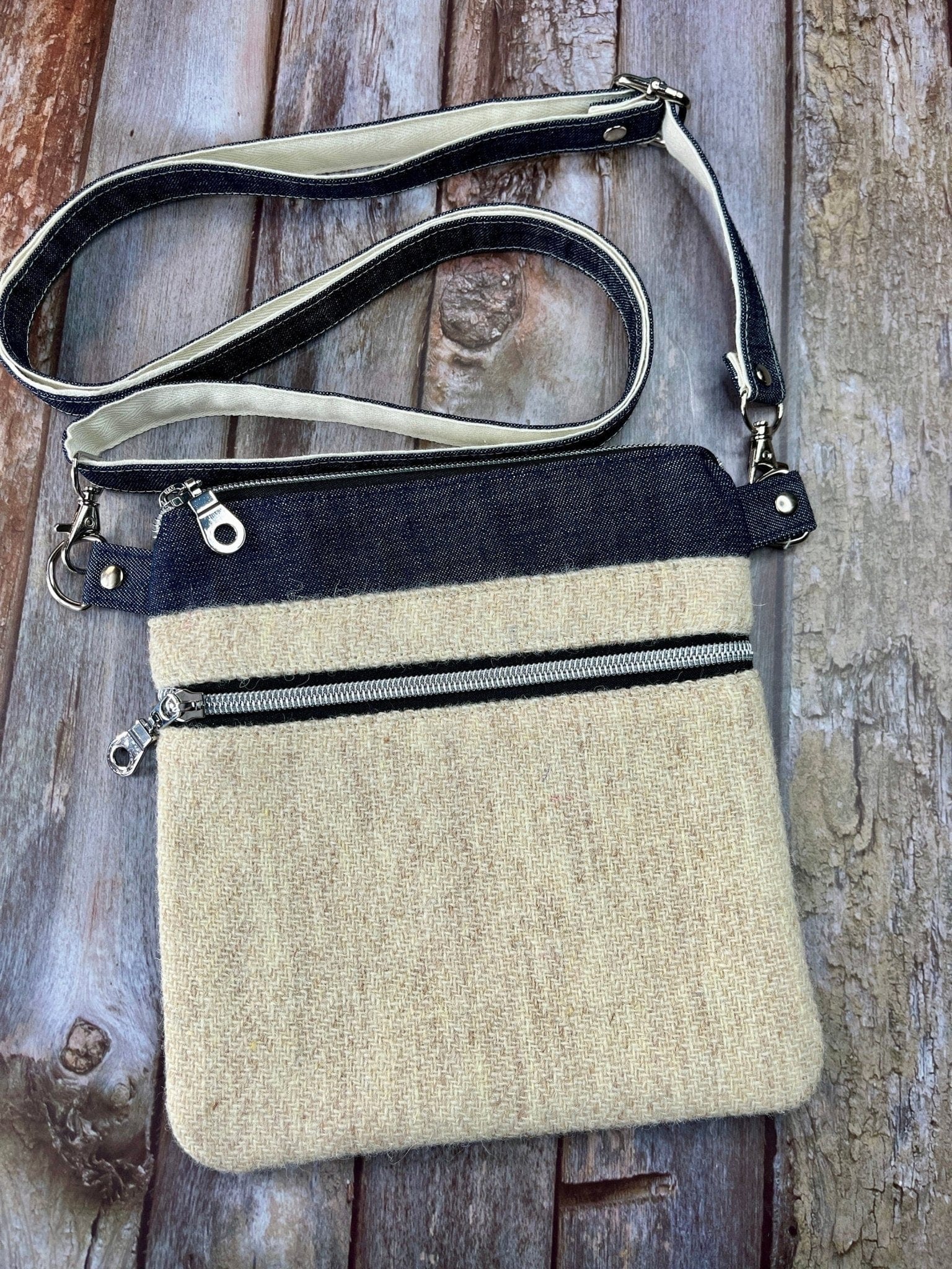 Small Crossbody Bag | Cream Natural Wool Tweed & Denim