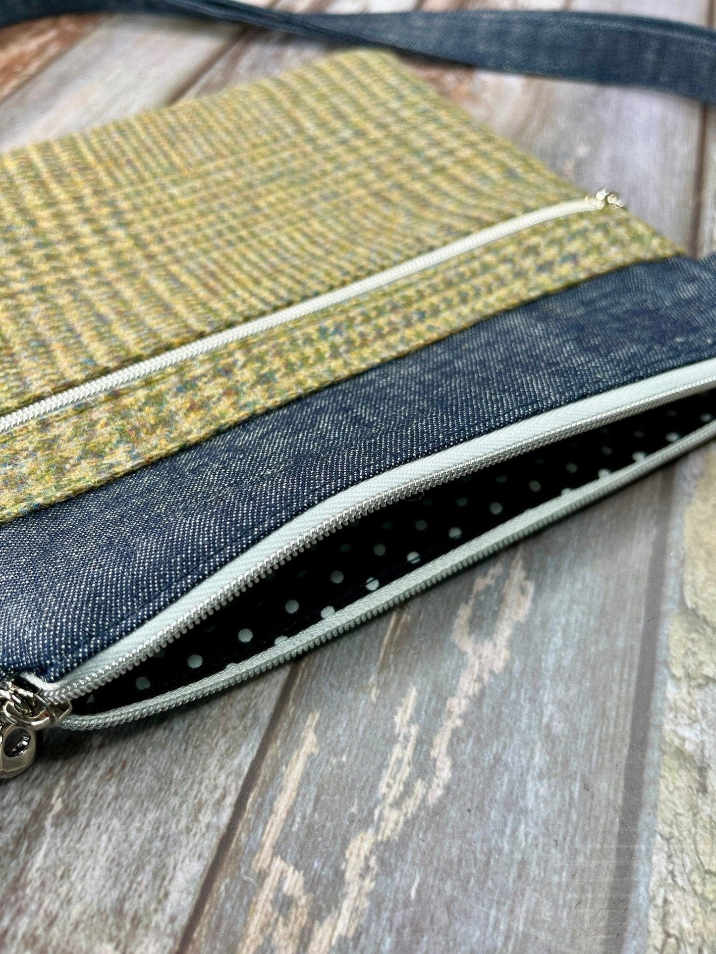 Small Crossbody Bag | Green Wool Tweed & Denim