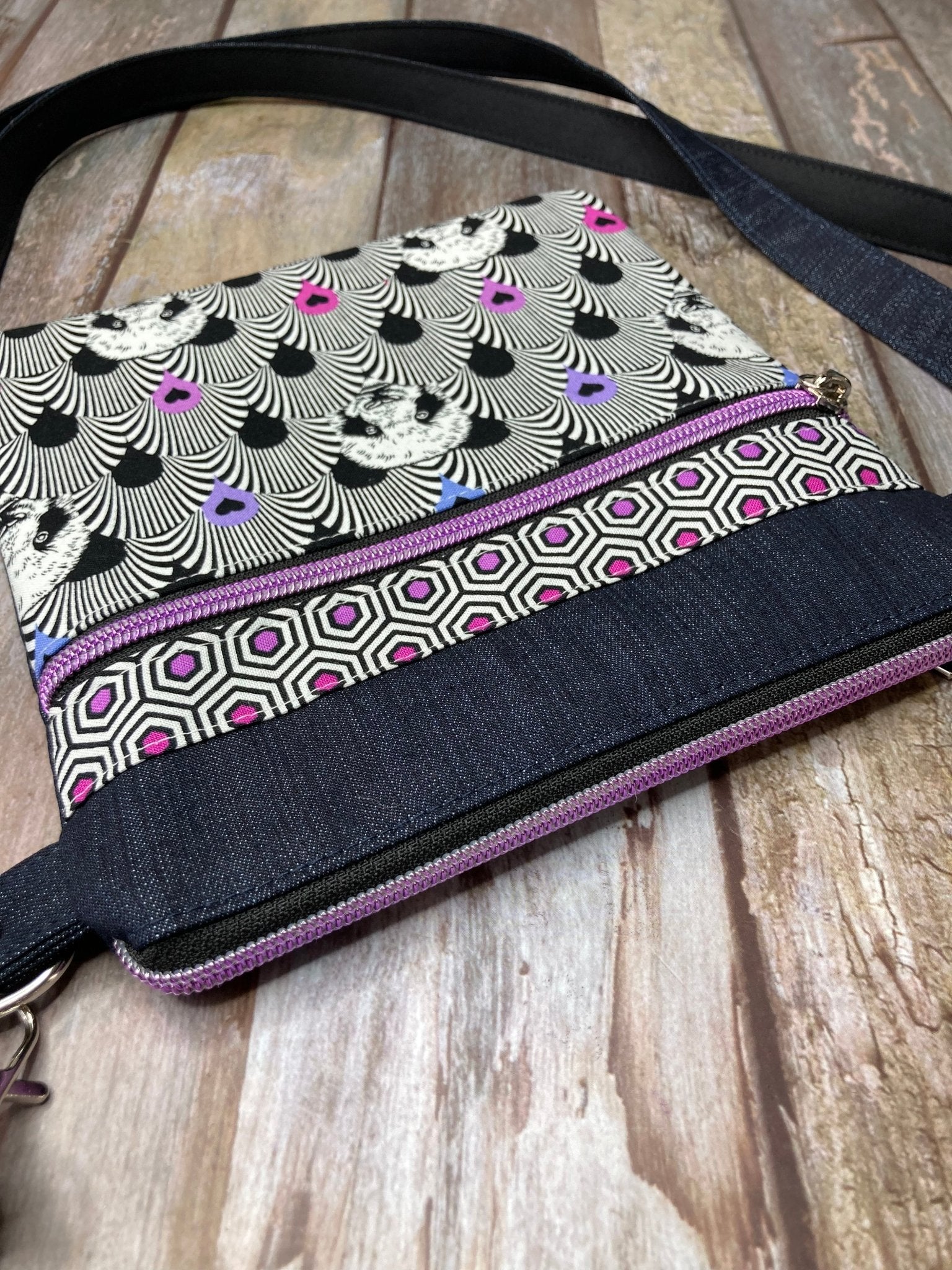 Small Crossbody Bag - Lilac Rainbow Panda & Denim - Uphouse Crafts