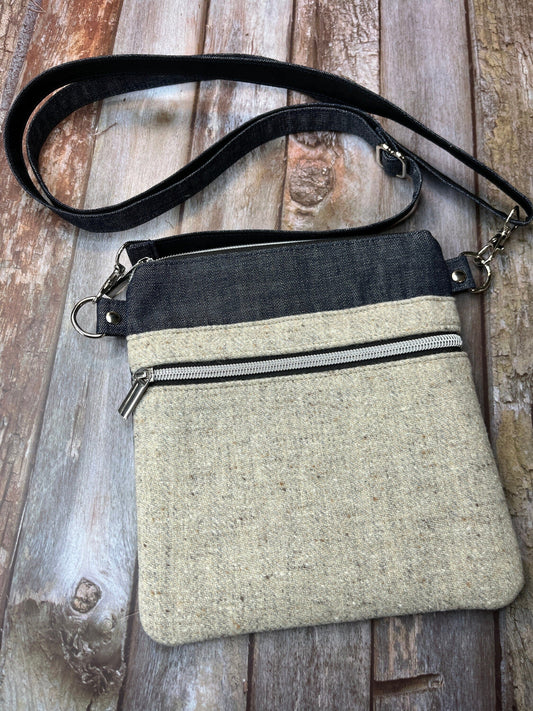 Small Crossbody Bag | Natural Beige Cream Wool Tweed & Denim