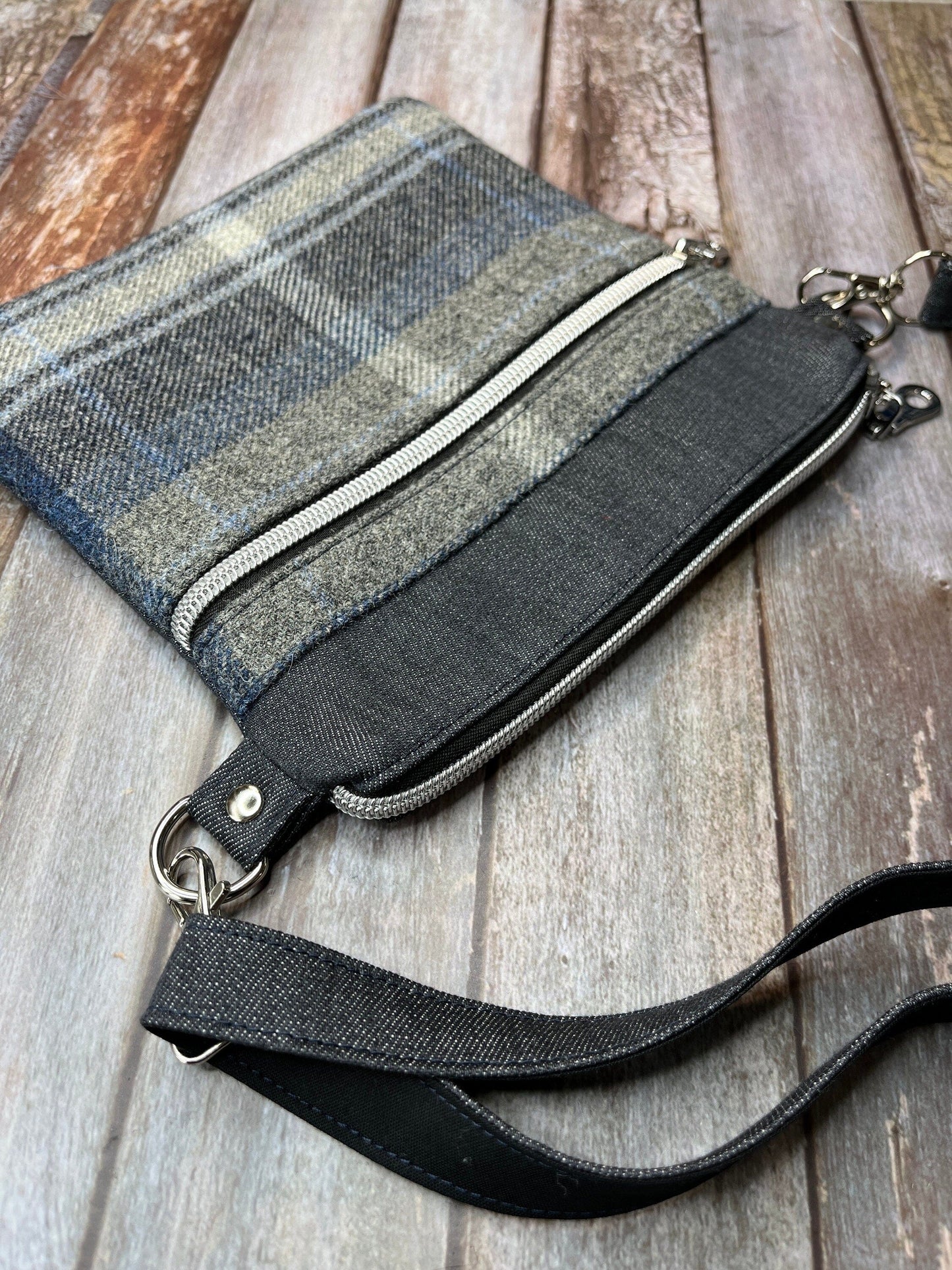 Small Crossbody Bag | Shetland Stormy Seas Tweed & Denim