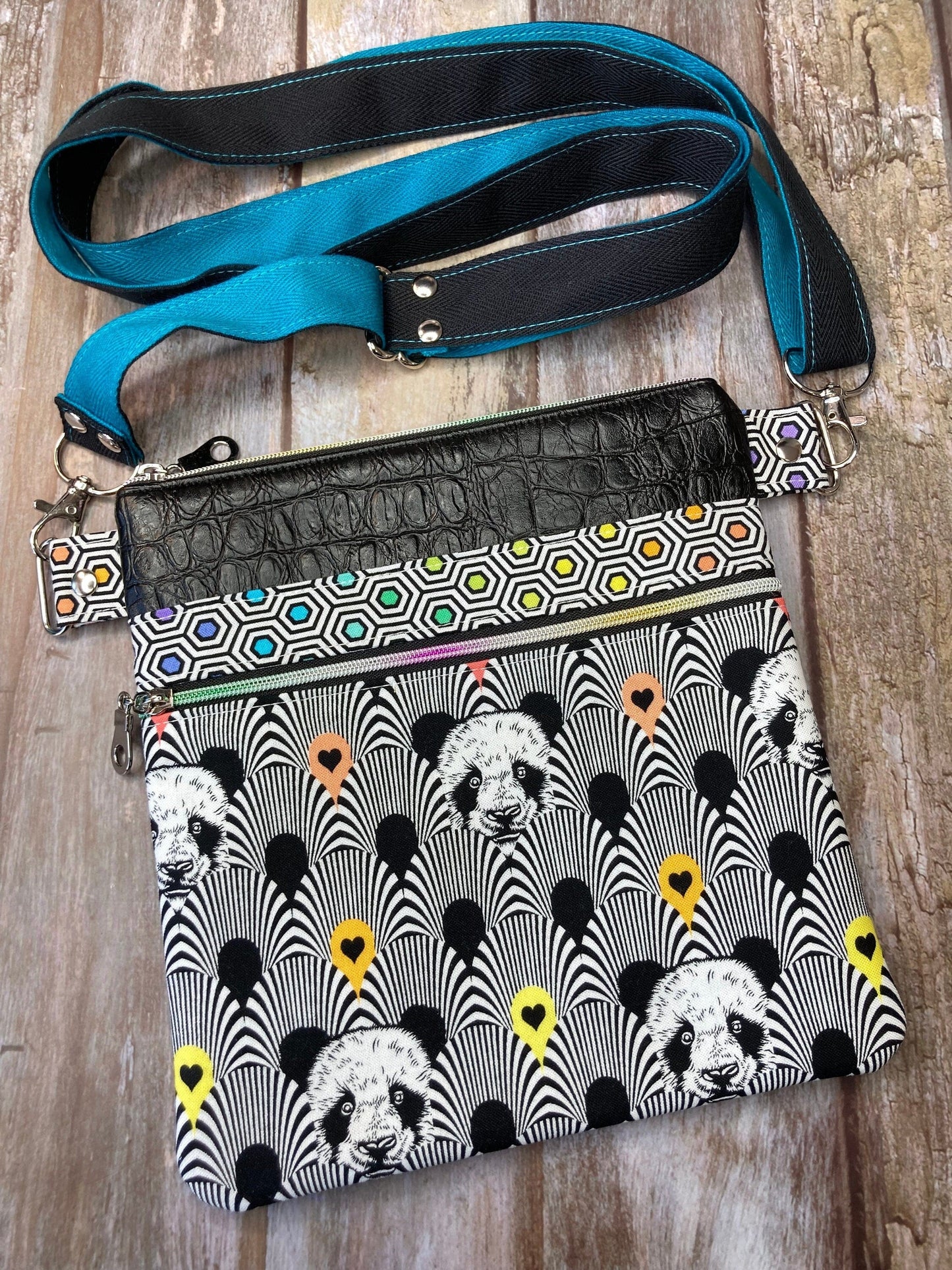 Small Crossbody Bag | Turquoise Rainbow Panda Mock Croc