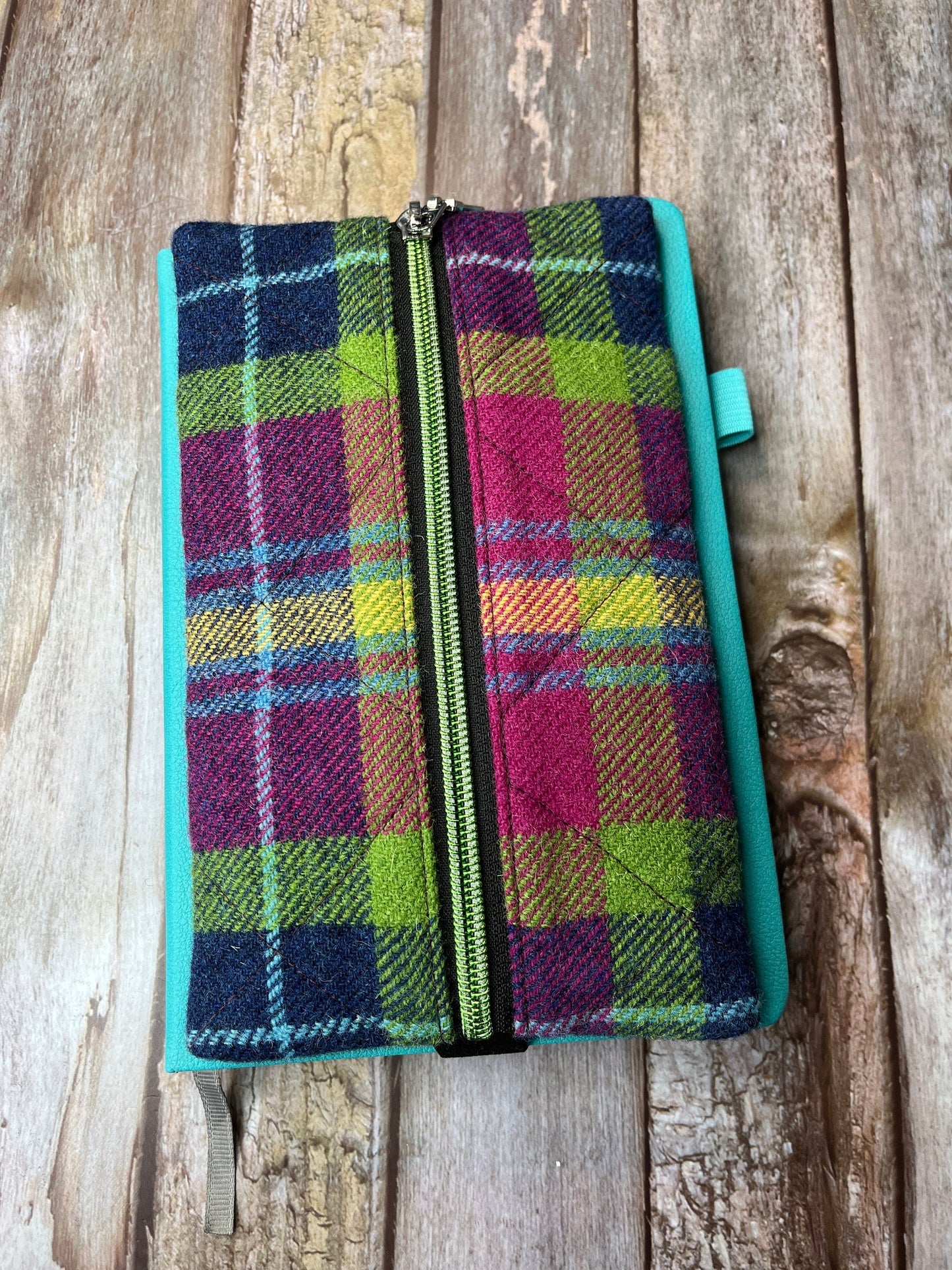 Summer Heather Shetland Tweed Notebook Pencil Case, Green Pink A5 Journal Zip Case, Bookmark - Uphouse Crafts