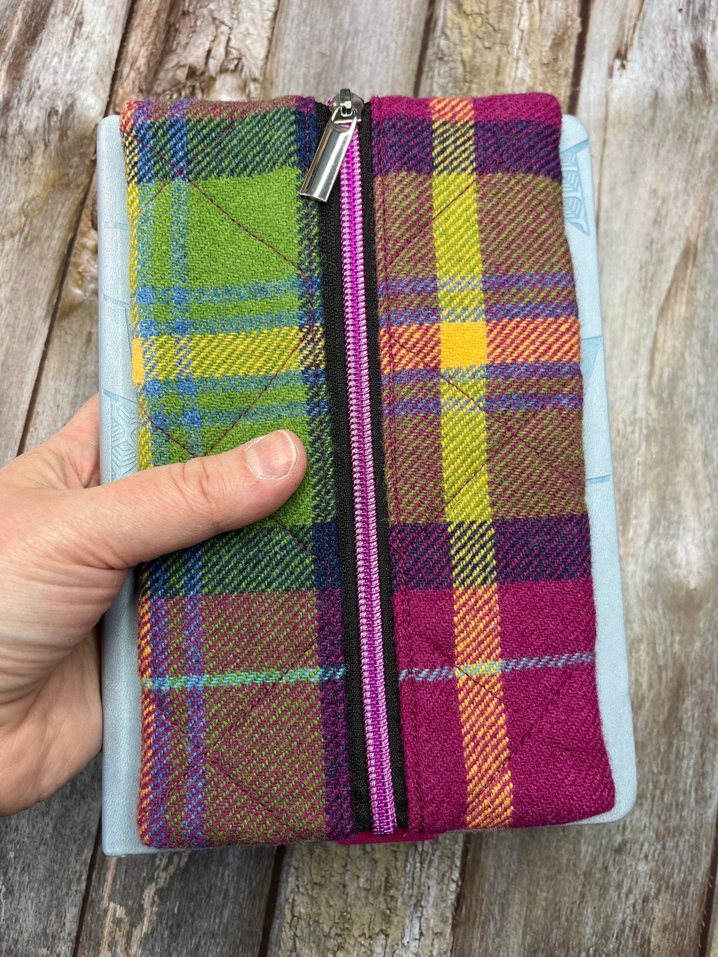 Summer Heather Shetland Tweed Notebook Pencil Case, Green Pink A5 Journal Zip Case, Bookmark - Uphouse Crafts