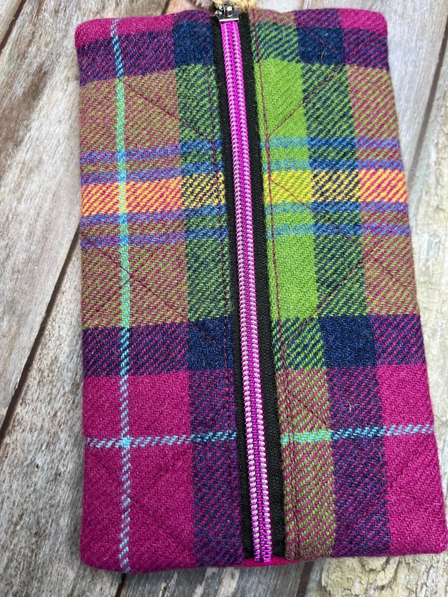 Summer Heather Shetland Tweed Notebook Pencil Case, Green Pink A5 Journal Zip Case, Bookmark - Uphouse Crafts