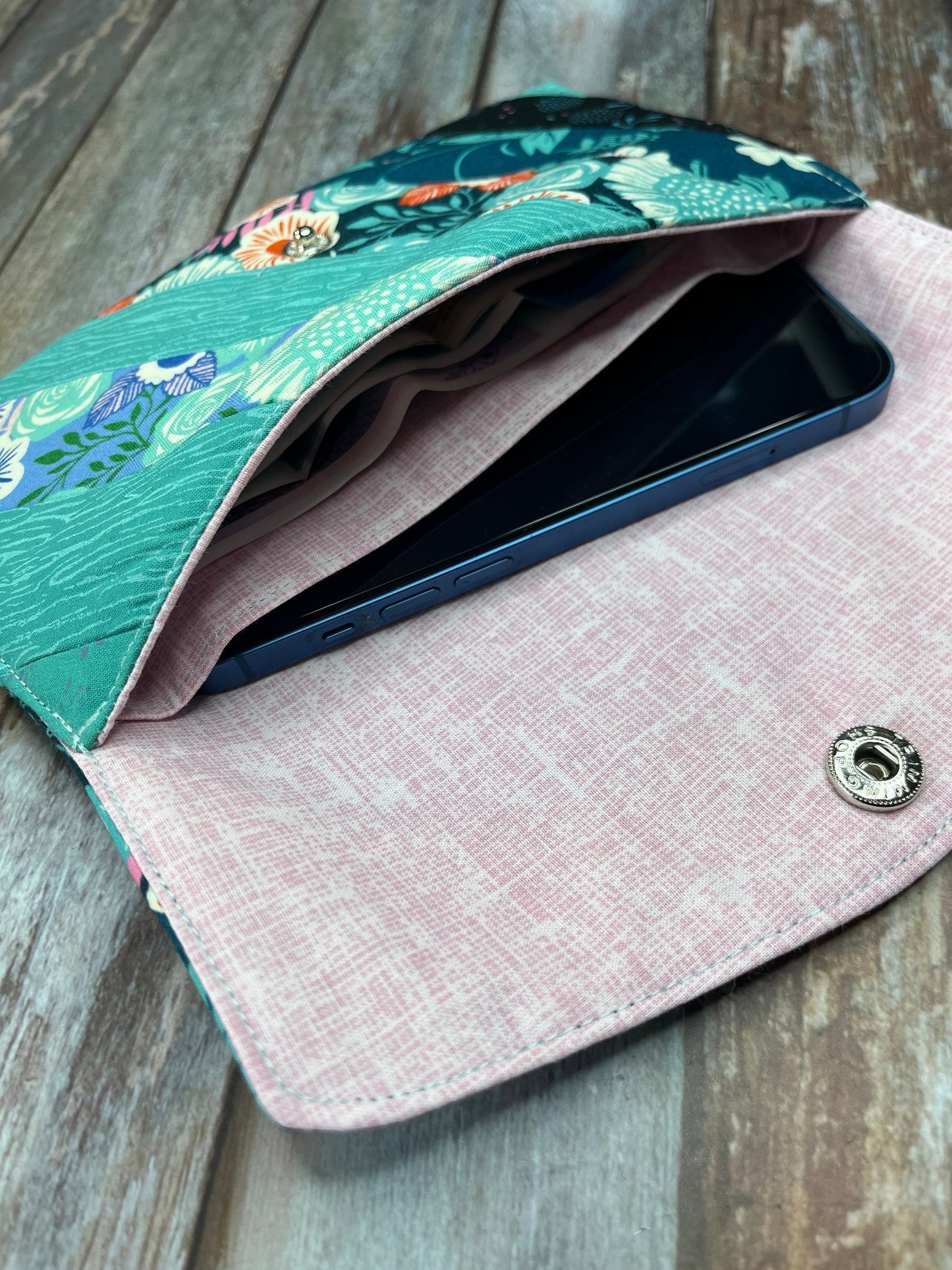 Teal Pink Slim Purse | Patchwork Purse | Phone Clutch Wallet - Uphouse Crafts