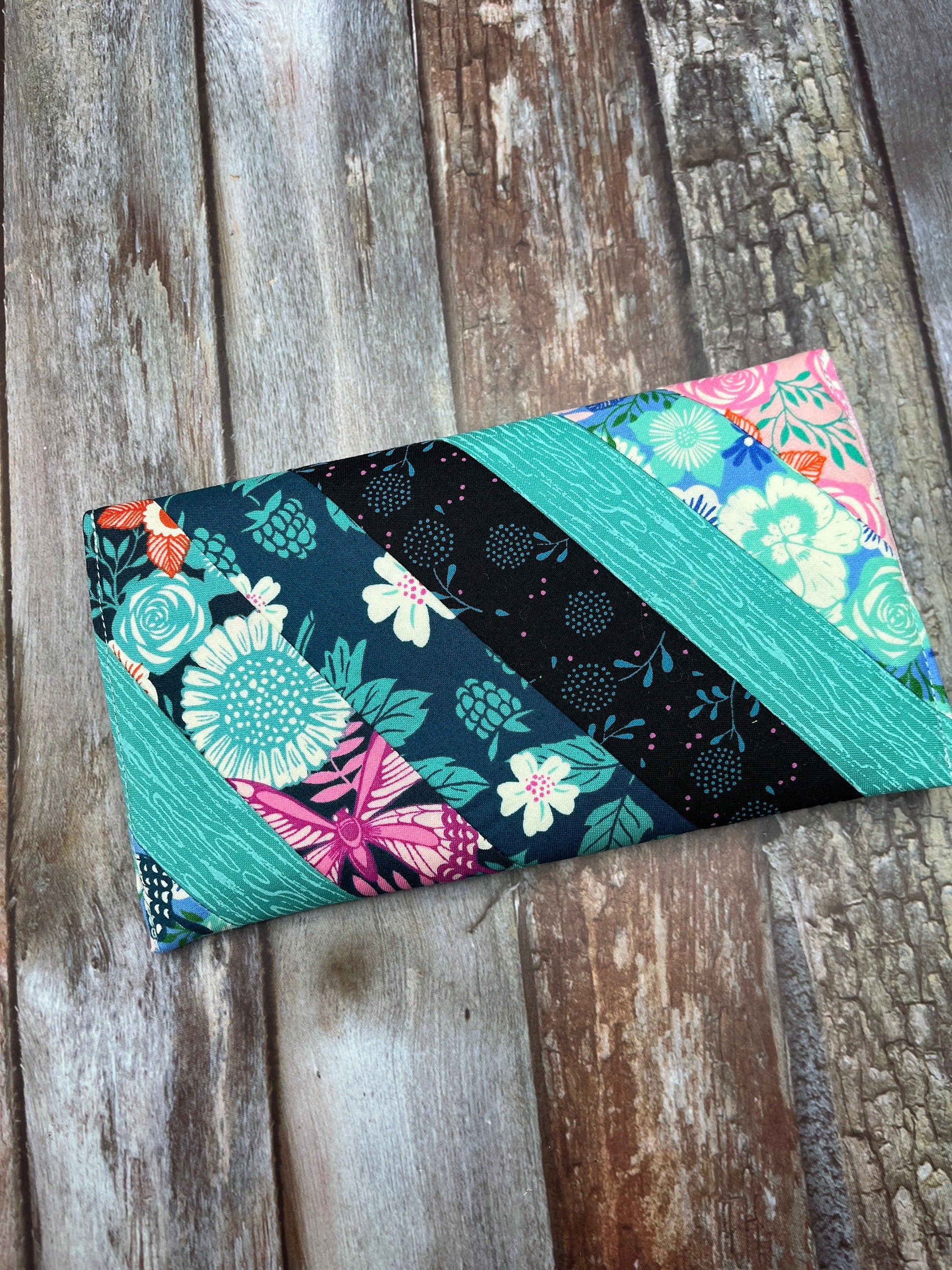 Teal Pink Slim Purse | Patchwork Purse | Phone Clutch Wallet - Uphouse Crafts