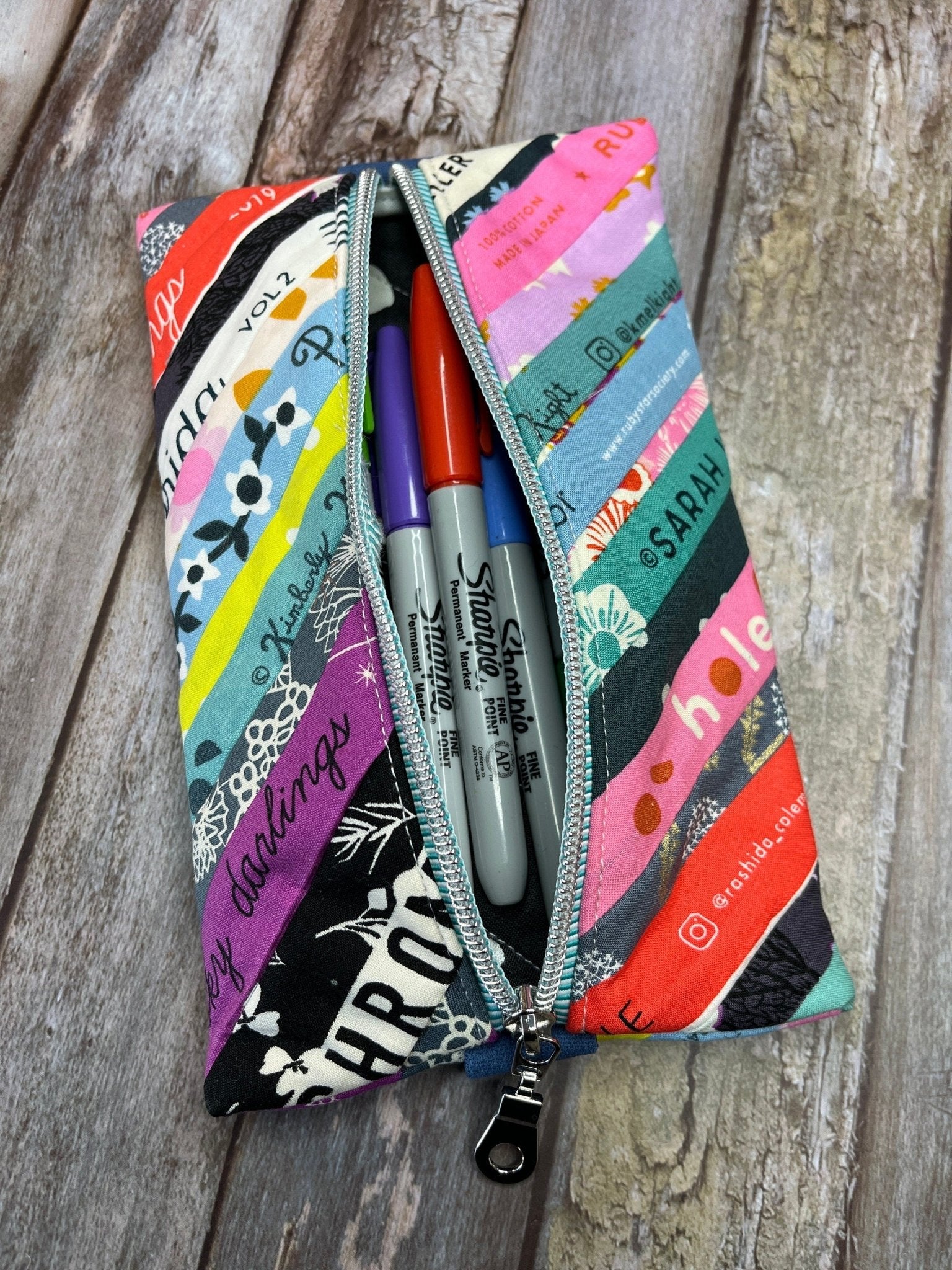 Teal Stripe Selvedges Patchwork Notebook Pencil Case, A5 Journal Zip Case, Bookmark - Uphouse Crafts