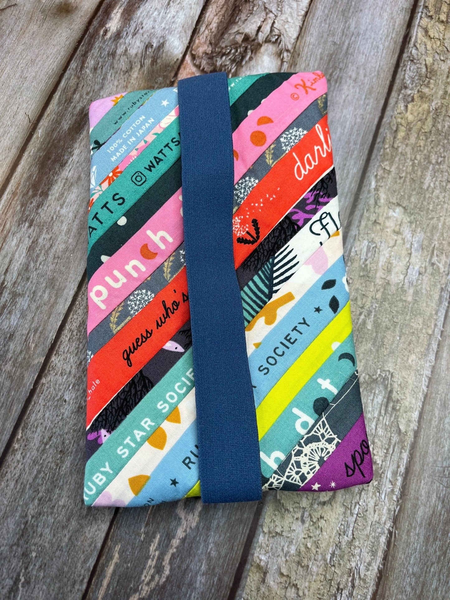 Teal Stripe Selvedges Patchwork Notebook Pencil Case, A5 Journal Zip Case, Bookmark - Uphouse Crafts