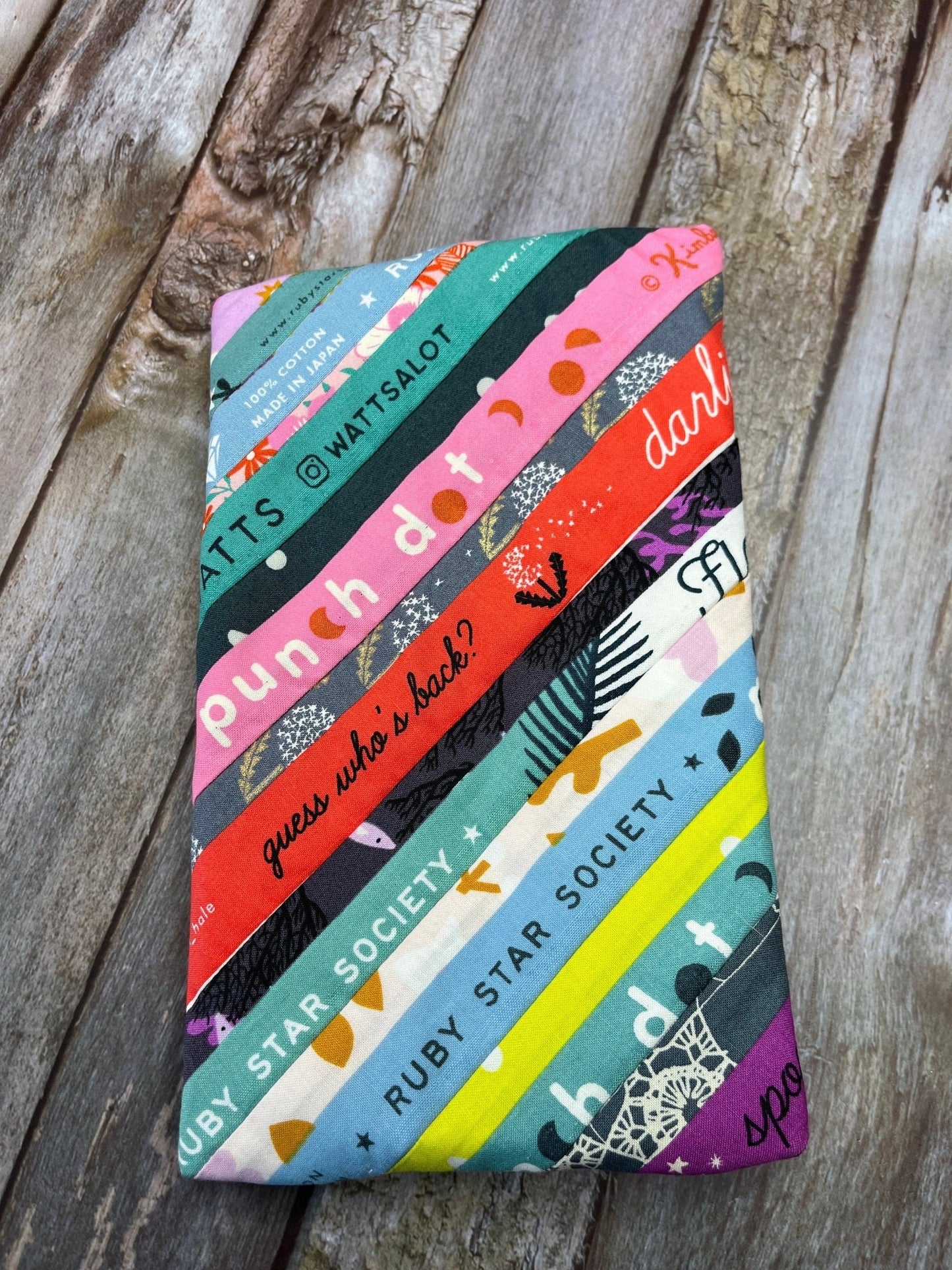 Teal Stripe Selvedges Patchwork Notebook Pencil Case, A5 Journal Zip Case, Bookmark - Uphouse Crafts