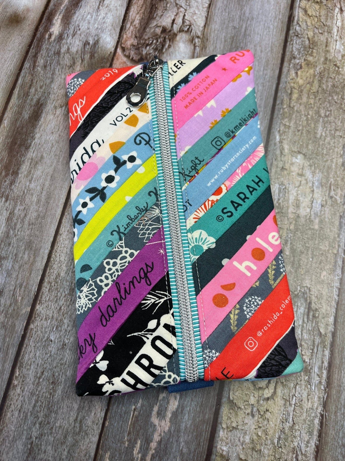 Teal Stripe Selvedges Patchwork Notebook Pencil Case, A5 Journal Zip Case, Bookmark - Uphouse Crafts