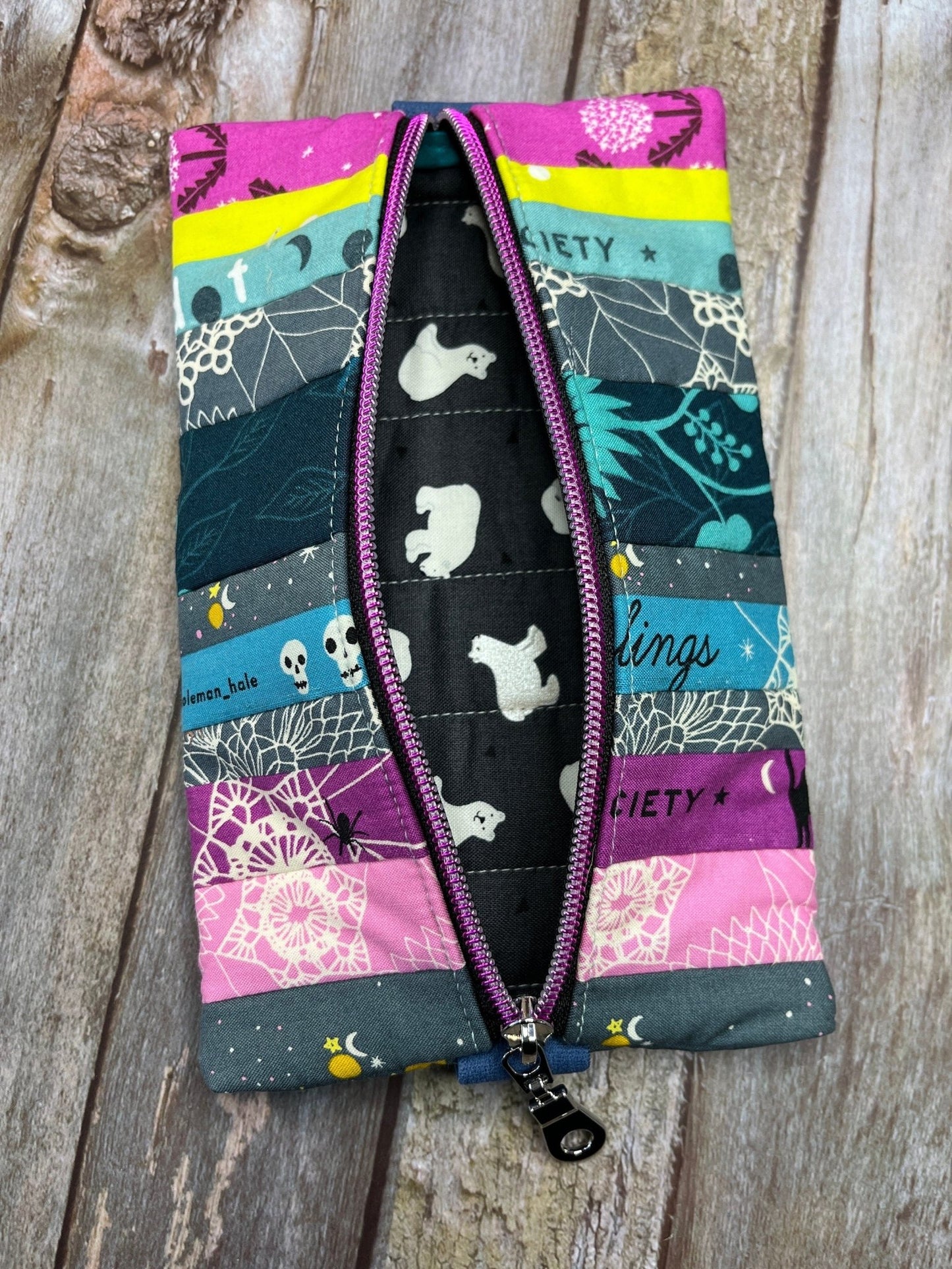 Teal Yellow Pink Patchwork Notebook Pencil Case, A5 Journal Zip Case, Bookmark - Uphouse Crafts