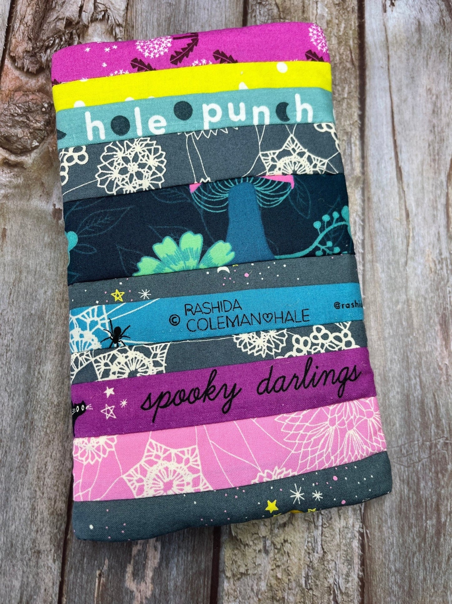 Teal Yellow Pink Patchwork Notebook Pencil Case, A5 Journal Zip Case, Bookmark - Uphouse Crafts