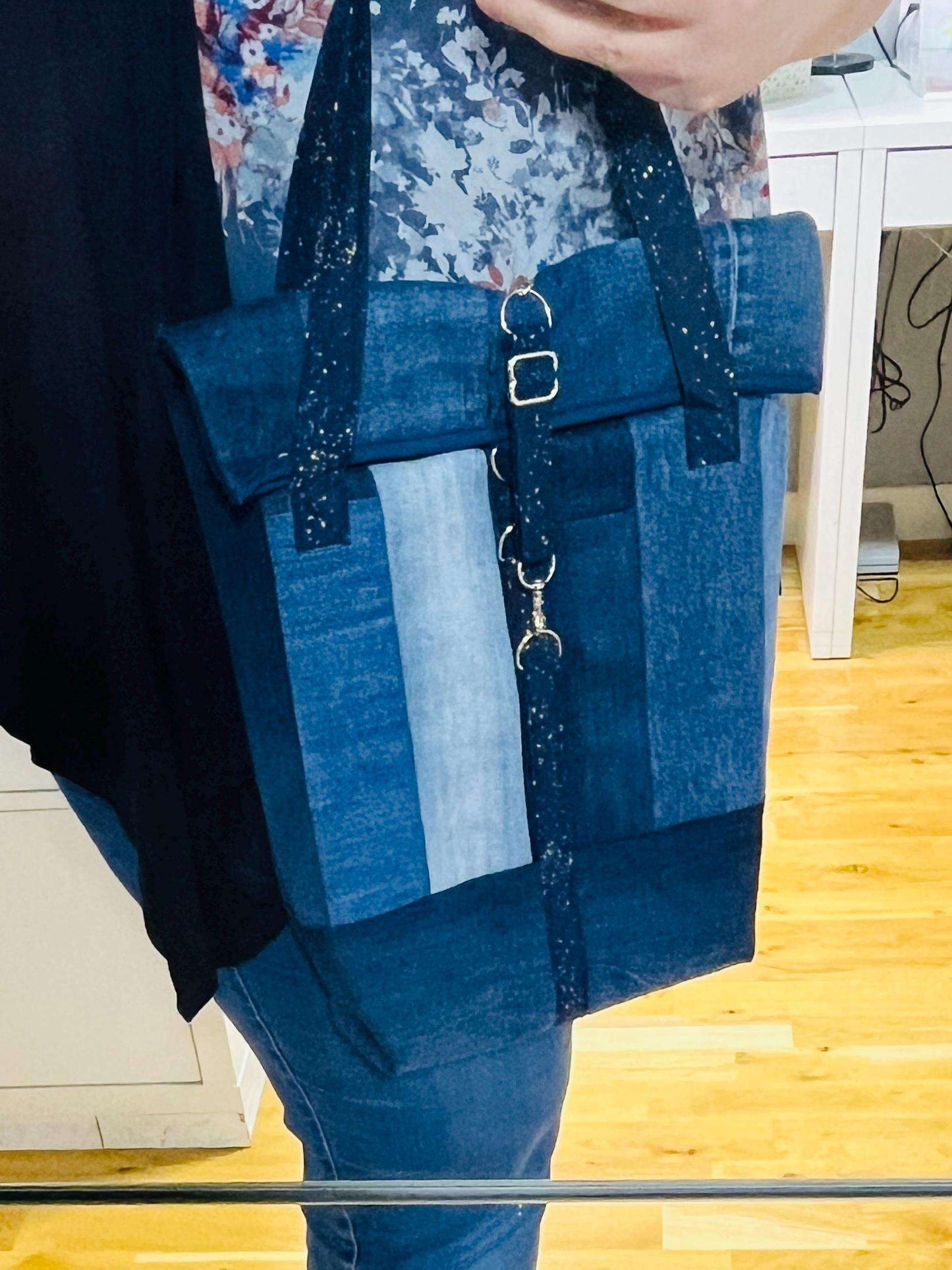 Upcycled Denim Roll Top Tote Bag