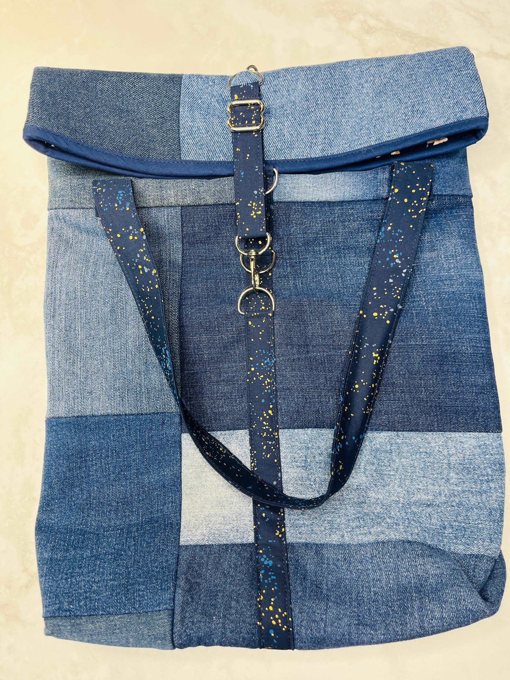 Upcycled Denim Roll Top Tote Bag