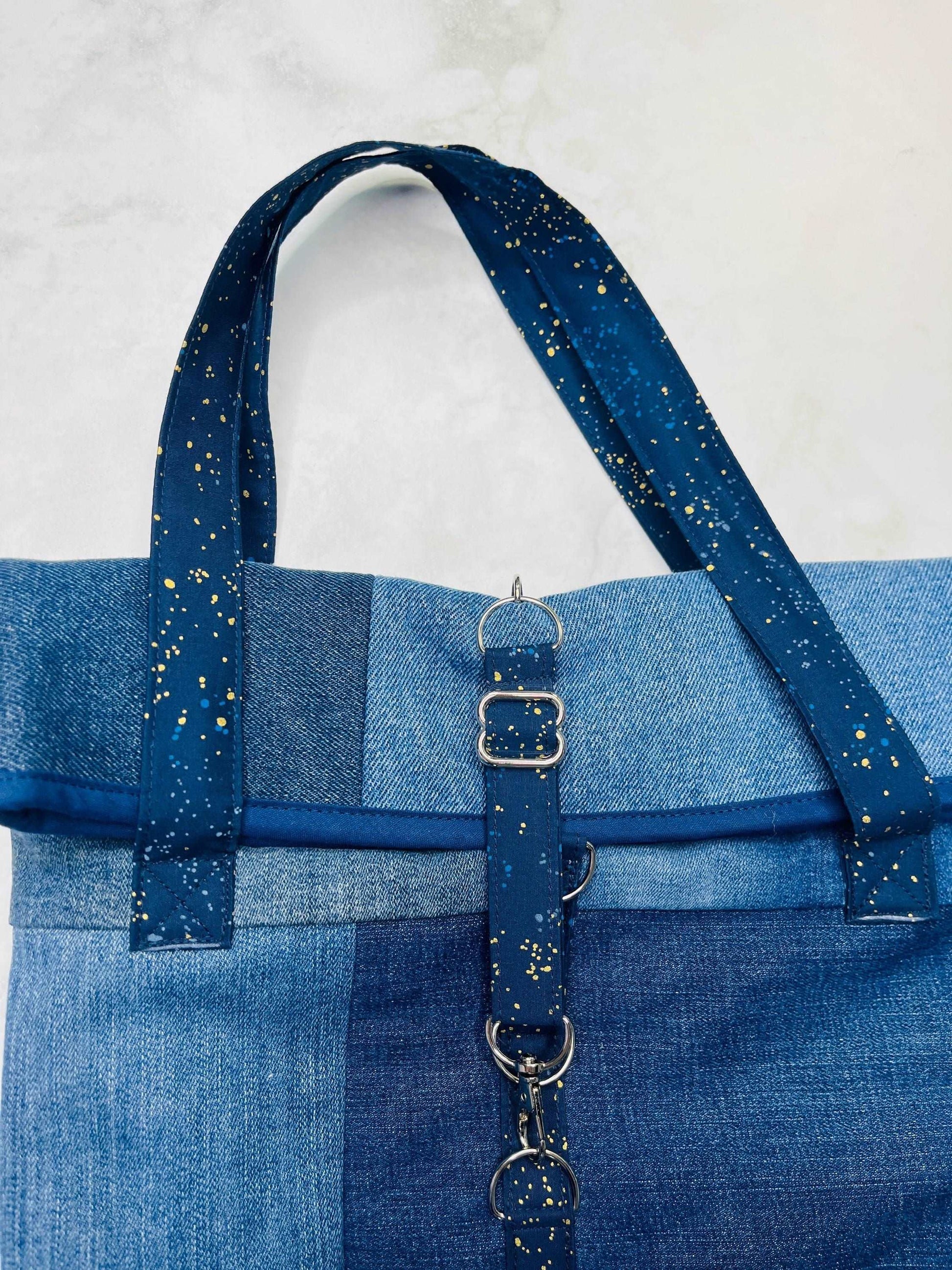 Upcycled Denim Roll Top Tote Bag