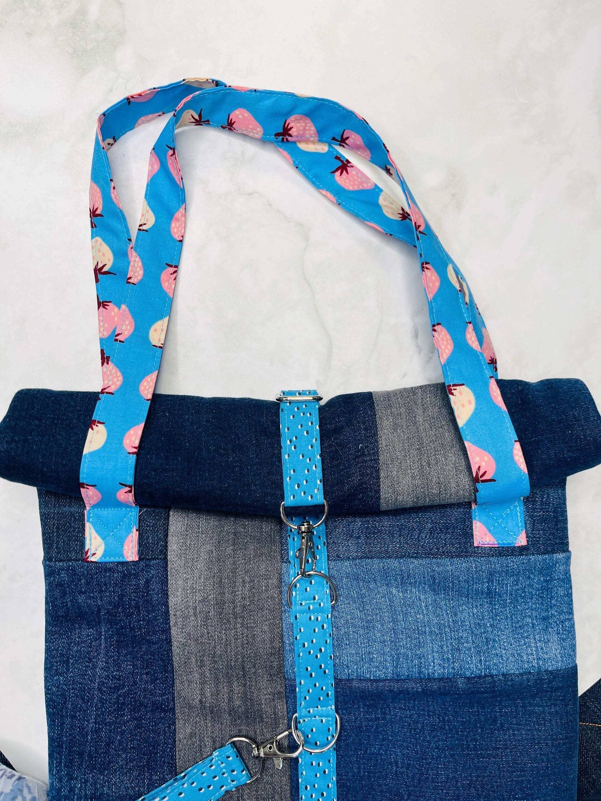 Upcycled Denim Roll Top Tote Bag