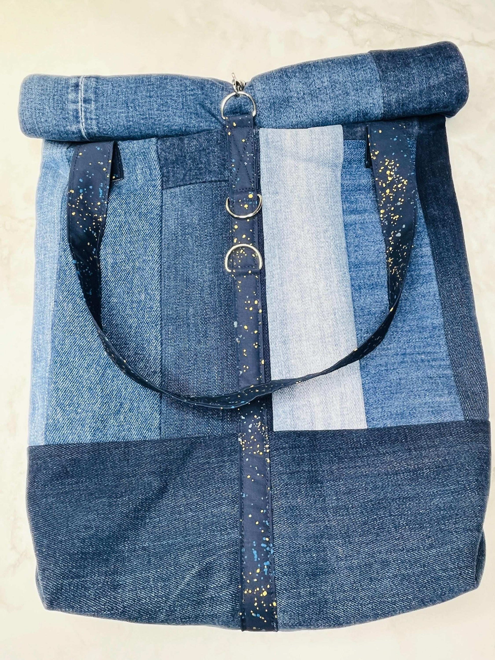 Upcycled Denim Roll Top Tote Bag