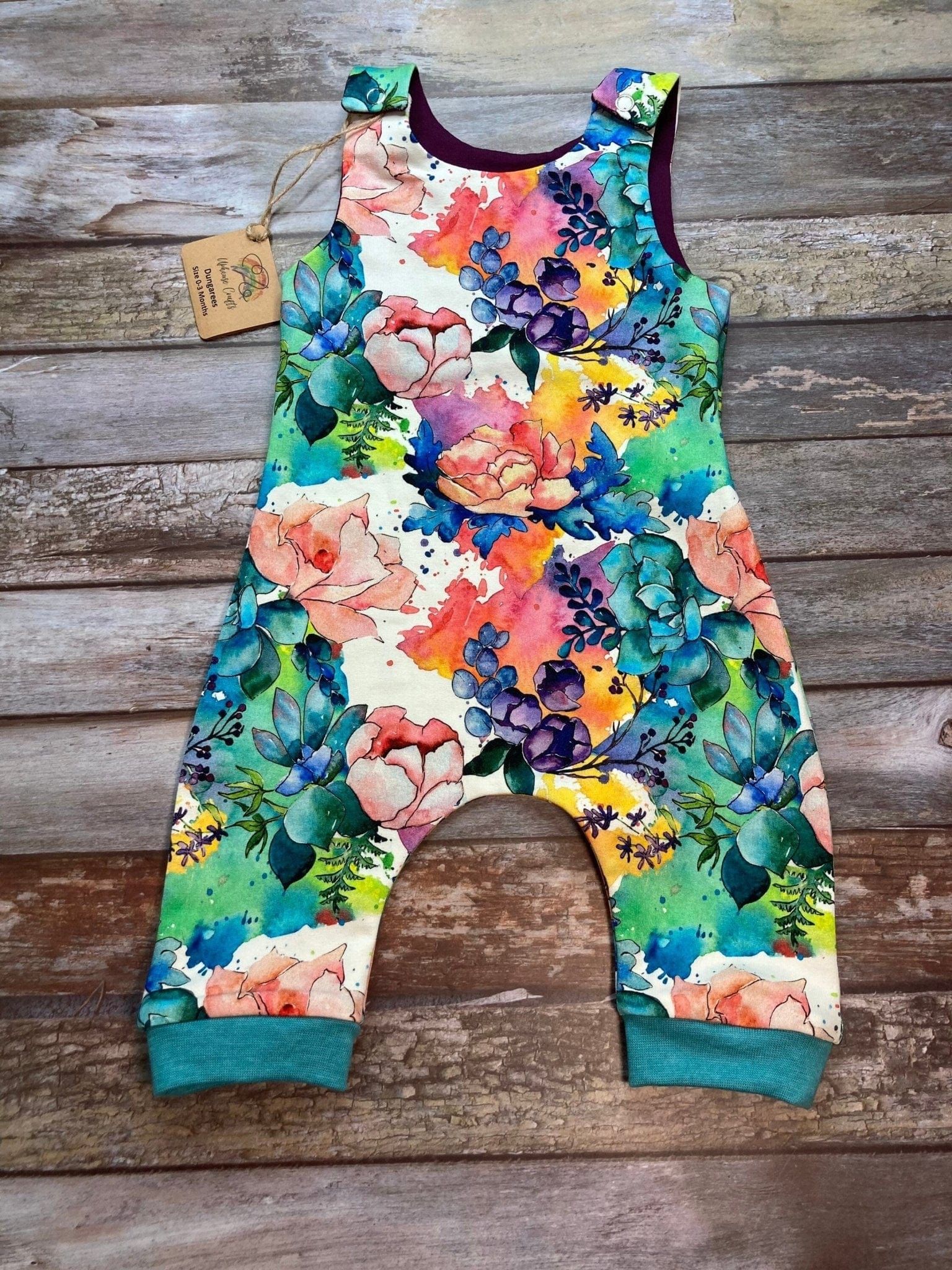 Baby dungarees | Floral Pink Blue Aqua Baby Dungarees Romper 0-3 months