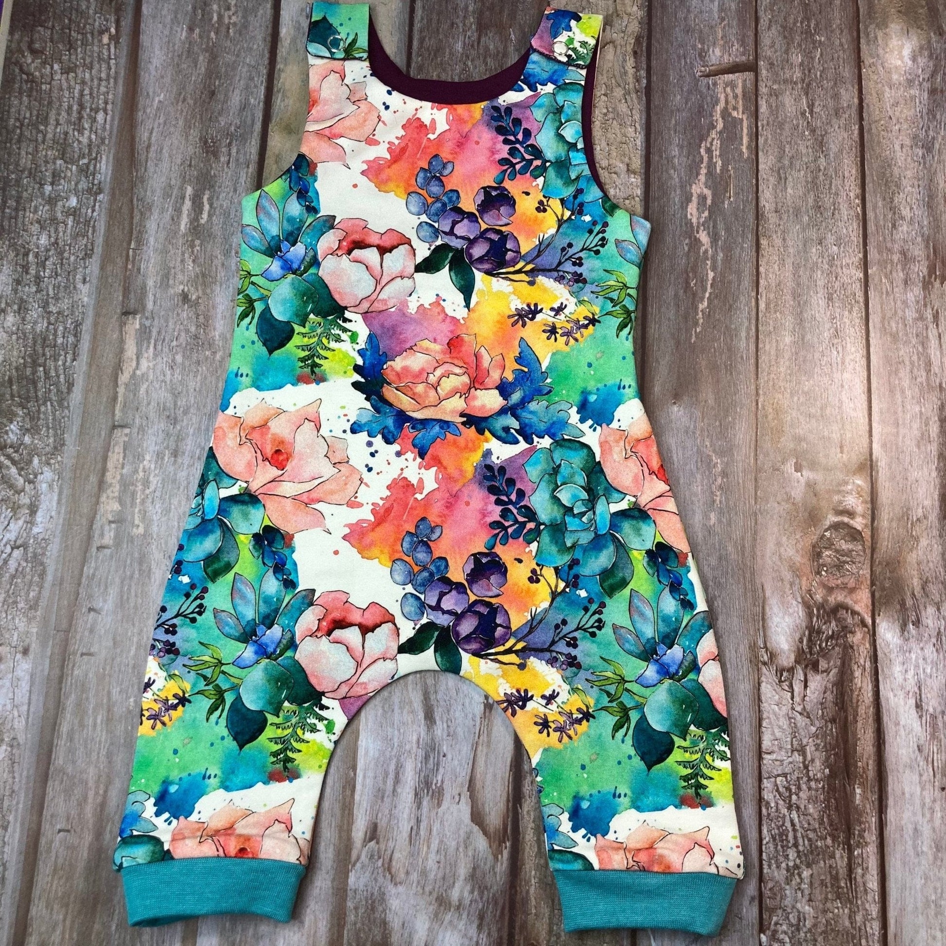 Baby dungarees | Floral Pink Blue Aqua Baby Dungarees Romper 0-3 months