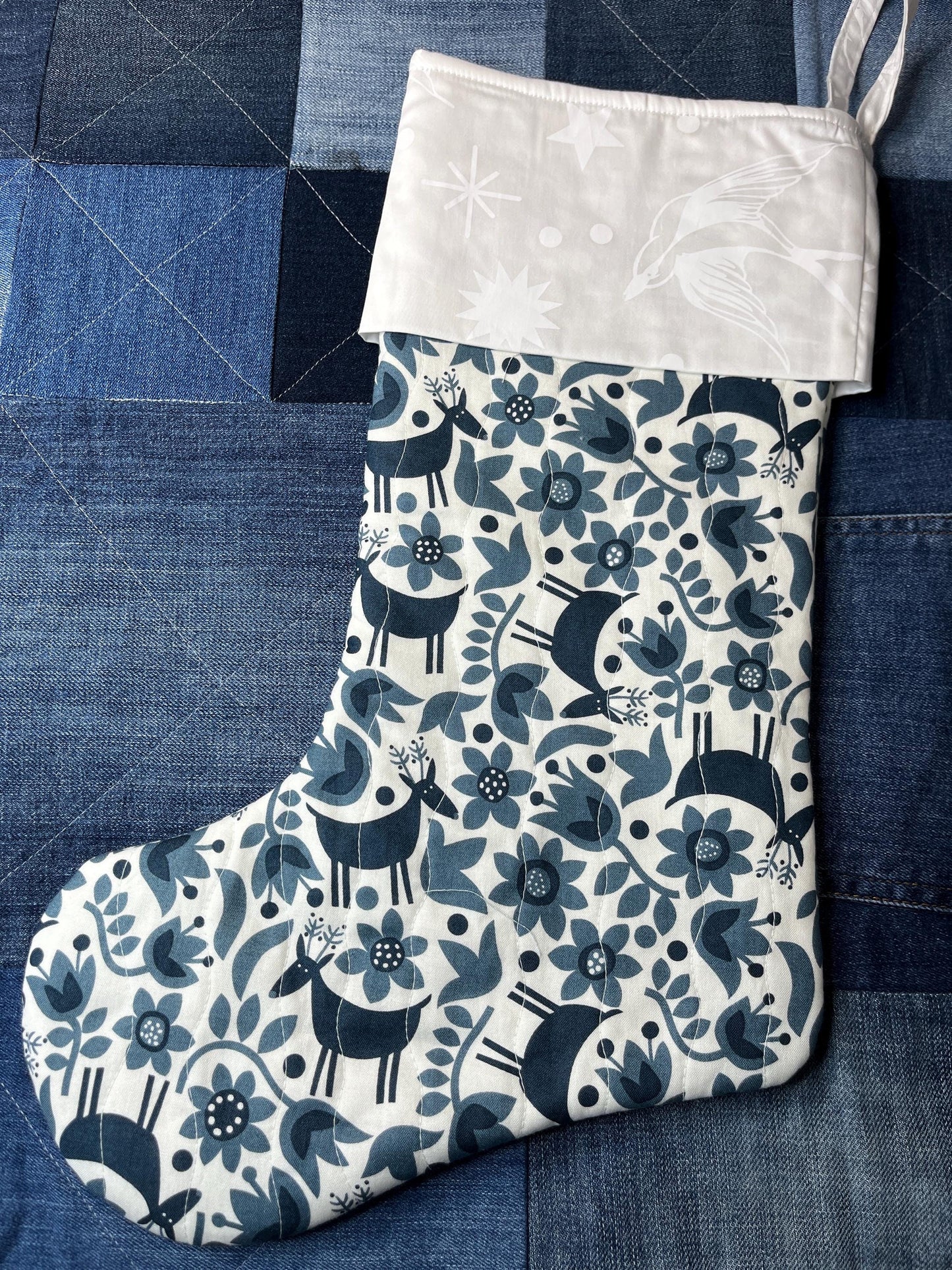 Quilted Christmas Stocking - Blue & White Reindeer