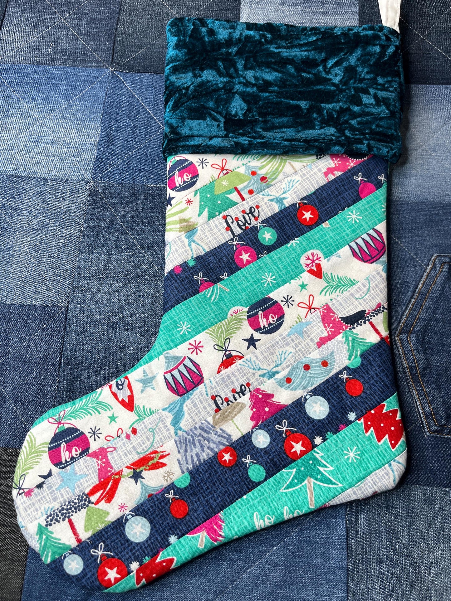 Quilted Christmas Stocking - Crushed Velvet Teal