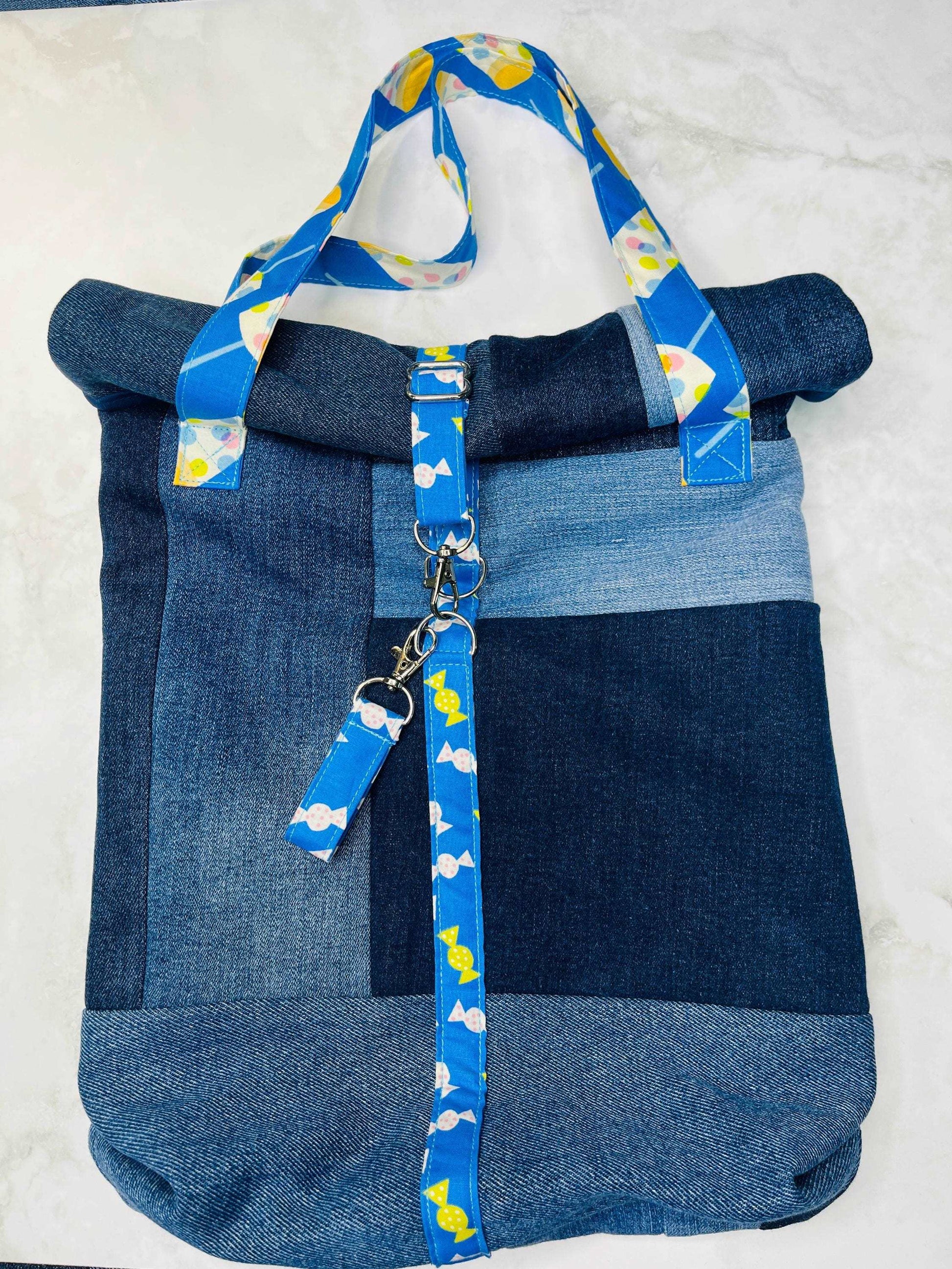 Upcycled Denim Roll Top Tote Bag