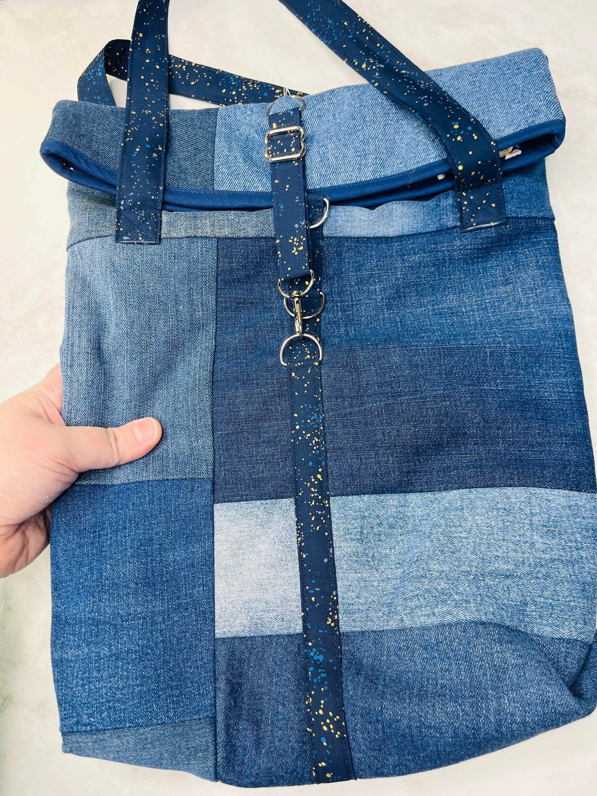 Upcycled Denim Roll Top Tote Bag