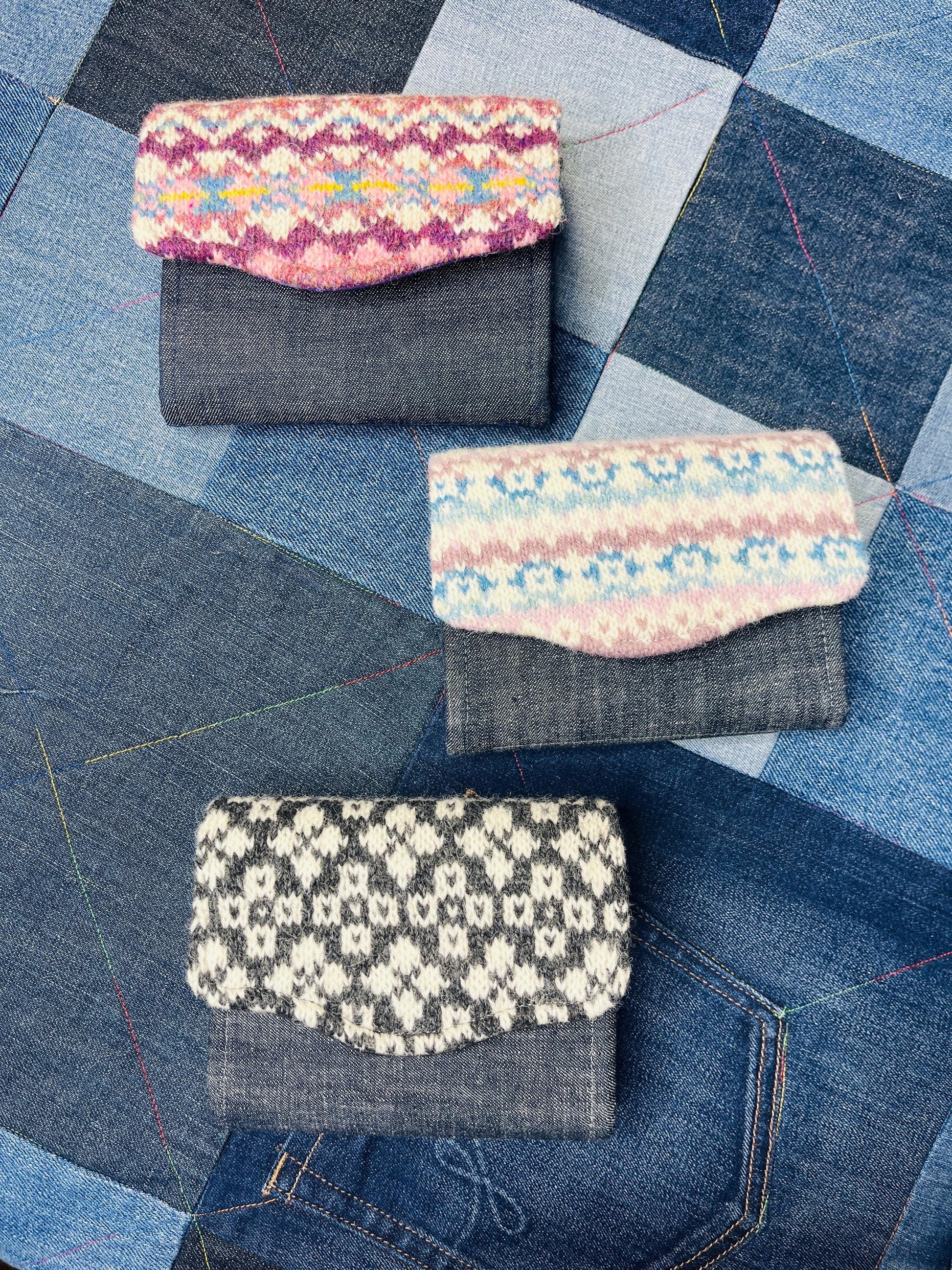 Hand knitted Fair Isle Purse Clutch | Denim