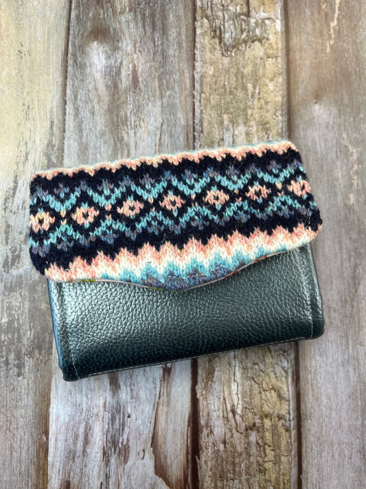 Hand knitted Fair Isle Purse Clutch | Faux Leather & Blue Peach