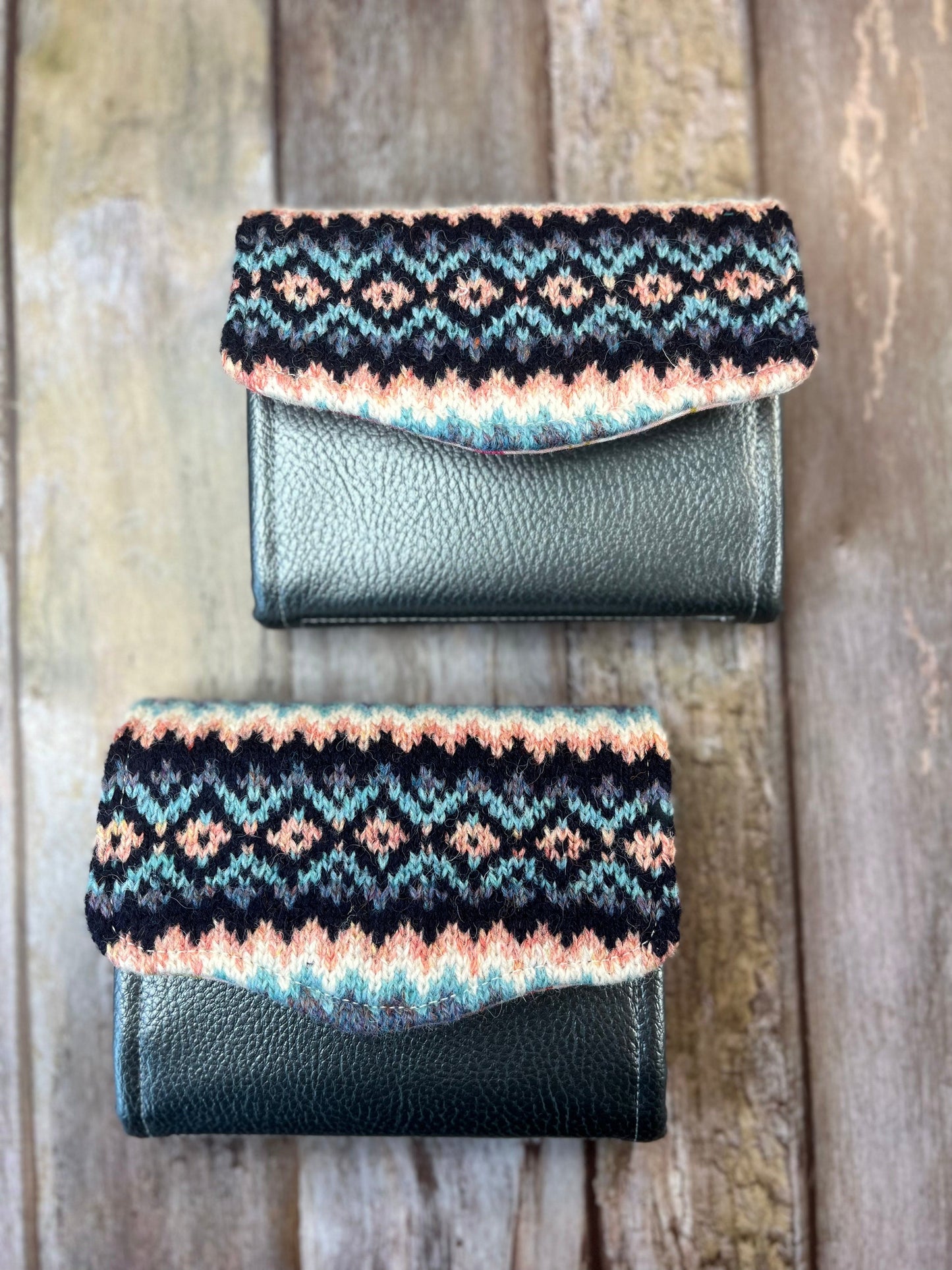 Hand knitted Fair Isle Purse Clutch | Faux Leather & Blue Peach