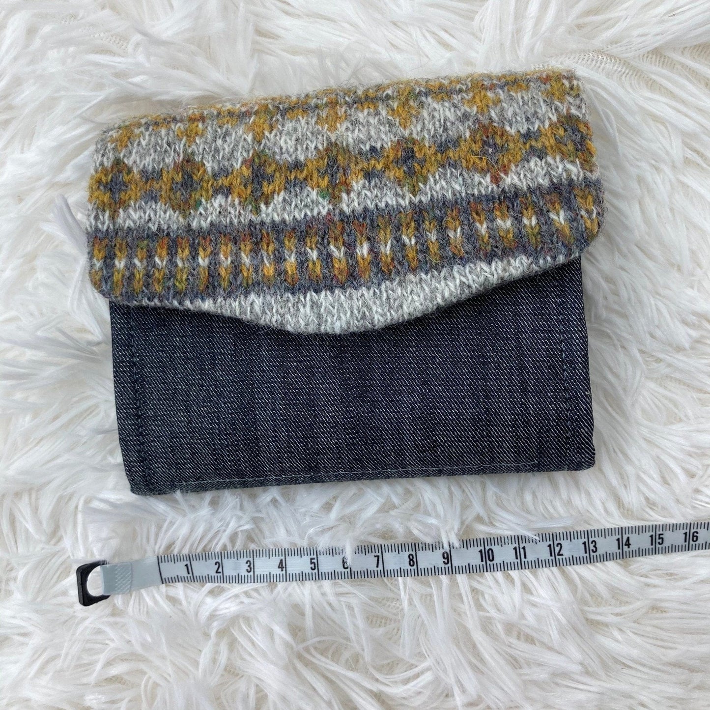 Hand knitted Fair Isle Purse Clutch | Grey Mustard