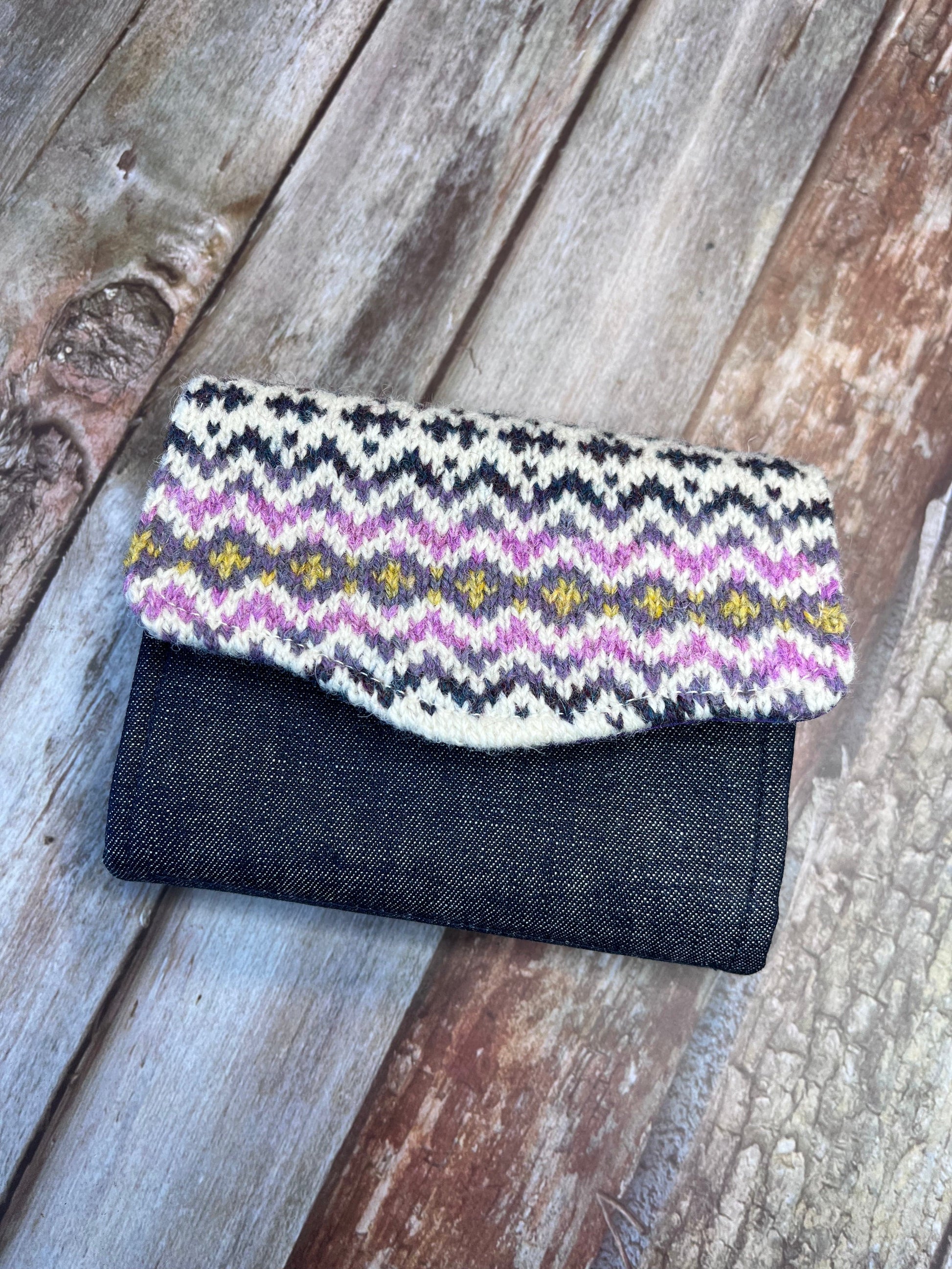 Hand knitted Fair Isle Purse Clutch | Ivory Pink Purple