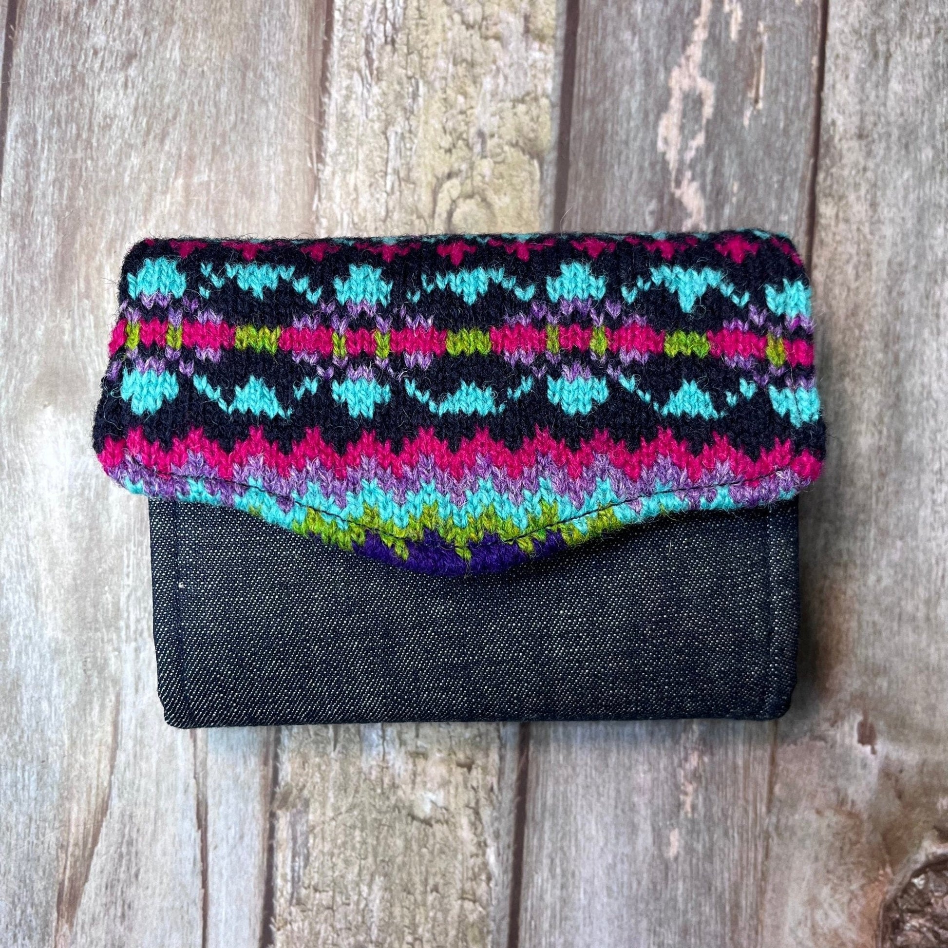 Hand knitted Fair Isle Purse Clutch | Navy, Pink, Green, Purple