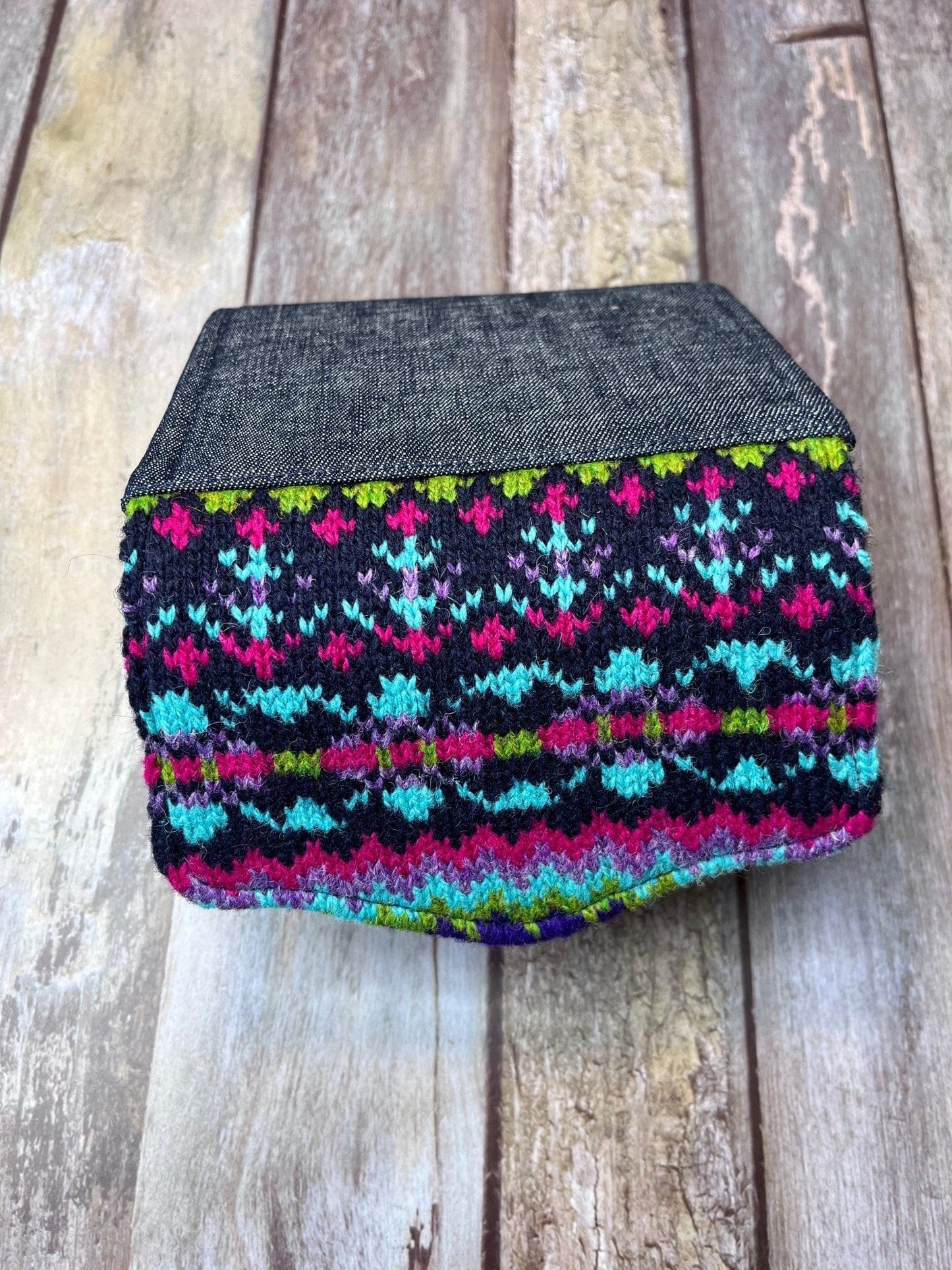 Hand knitted Fair Isle Purse Clutch | Navy, Pink, Green, Purple