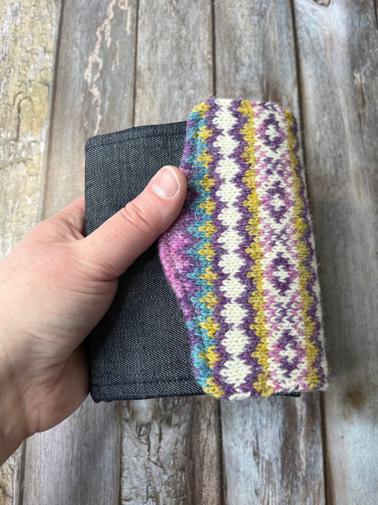 Hand knitted Fair Isle Purse Clutch | Shetland Sunrise Wool and Denim