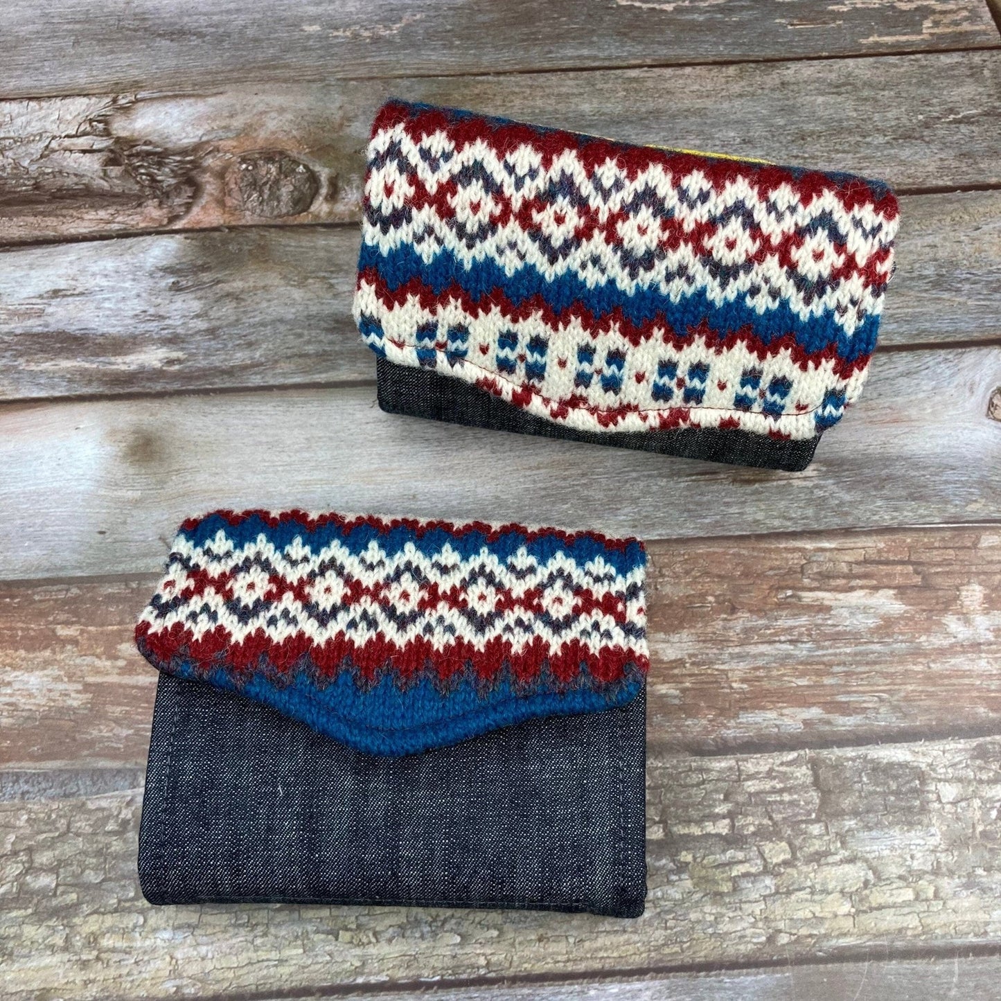 Hand knitted Fair Isle Purse Clutch | Blue Red & White