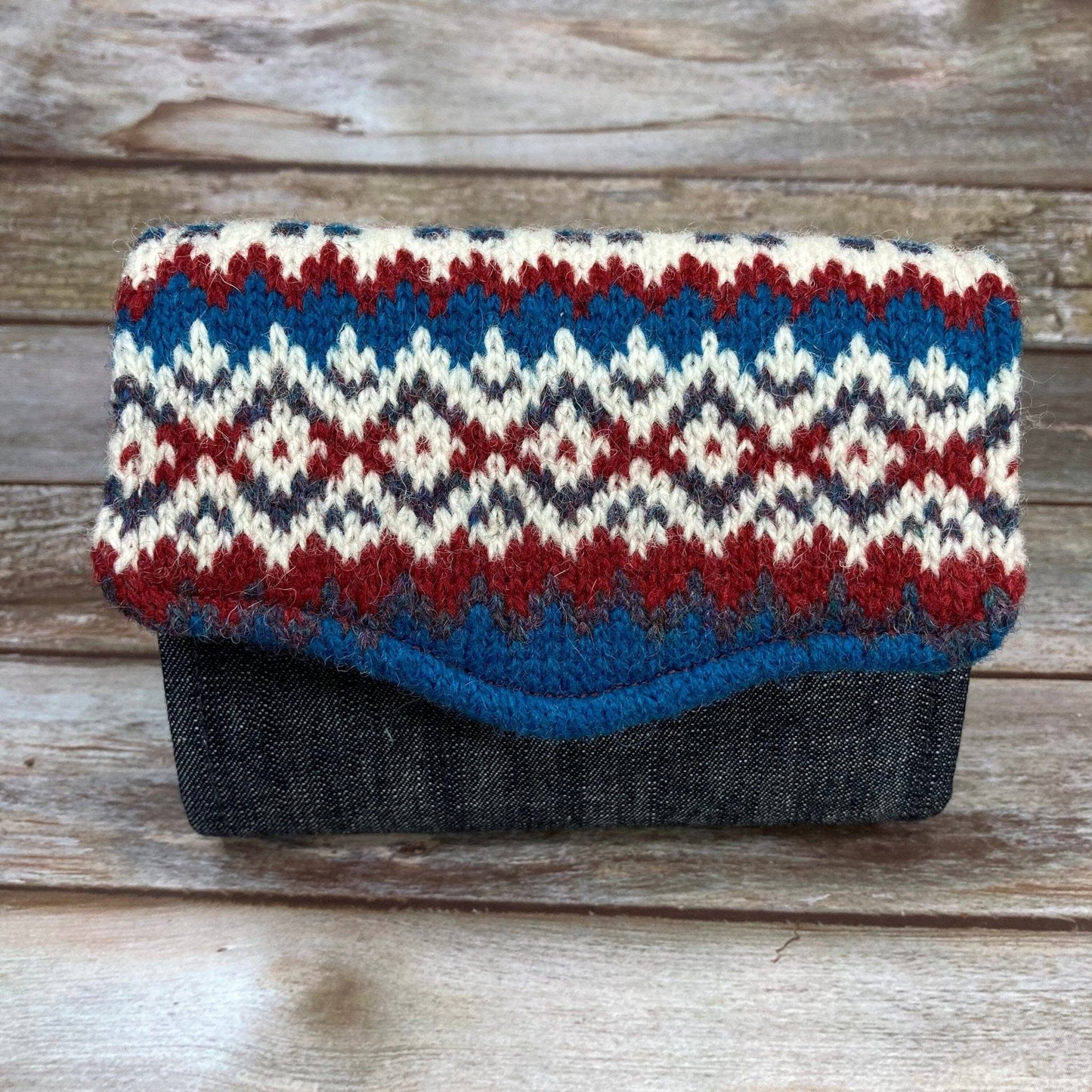 Hand knitted Fair Isle Purse Clutch | Blue Red & White