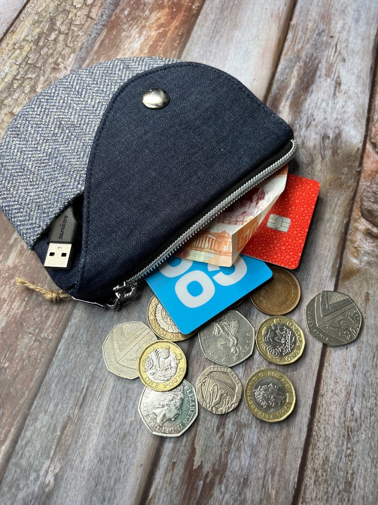 Shetland Blue Grey Tweed Round Wing Zip Purse