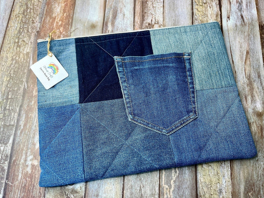 Book Bag - No UC05 Reclaimed Denim, Quilted Denim Book Zip Pouch,