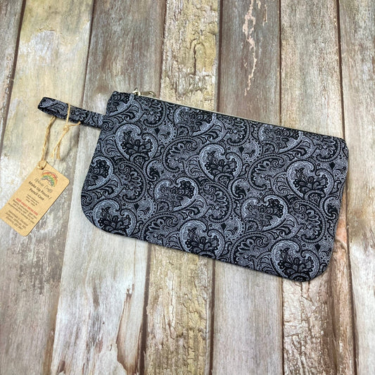 Zip Pouch Makeup Bag - Pencil Case | Black Grey Paisley