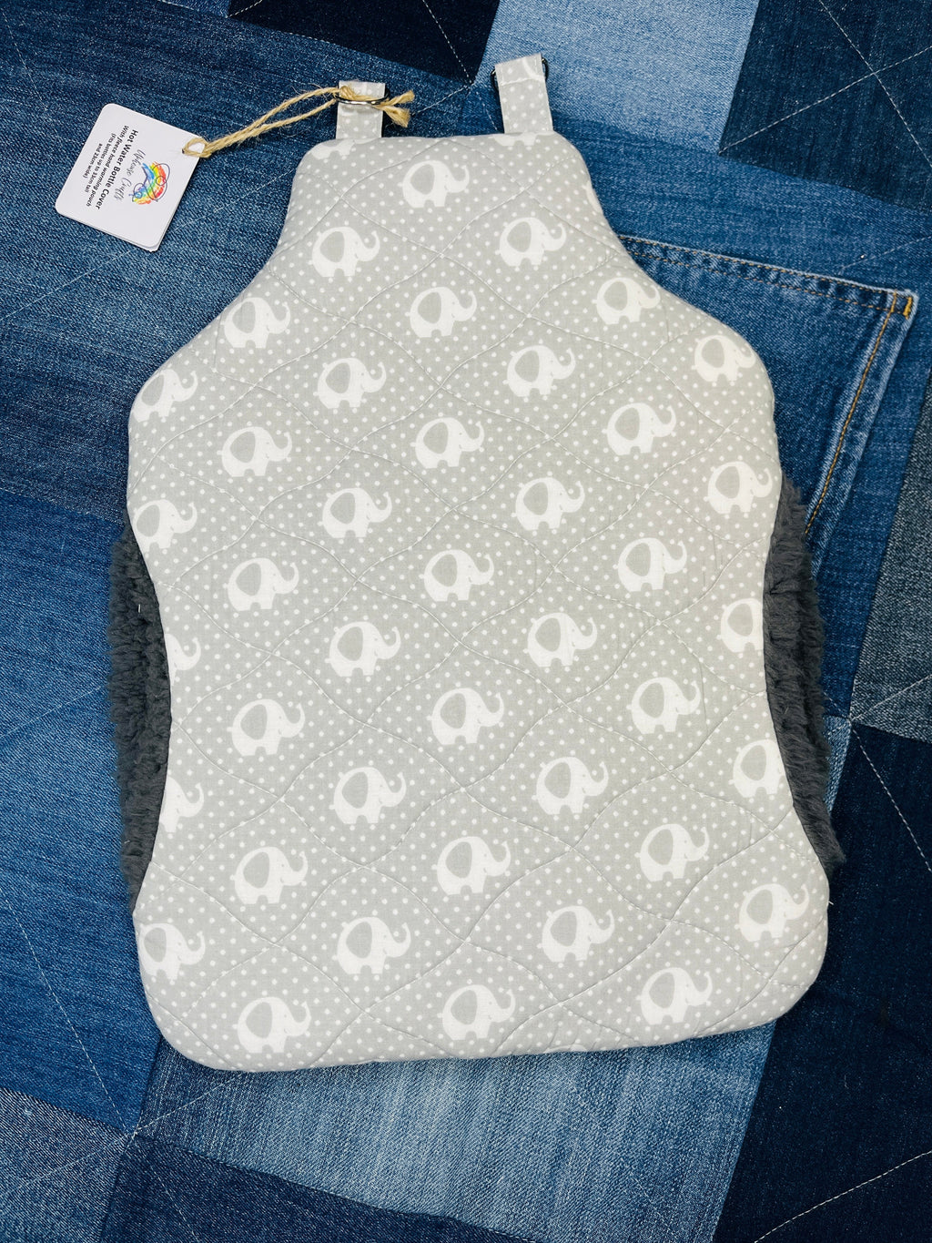Wearable Hot Water Bottle Cover | Grey & White Elephant - Uphouse Crafts
