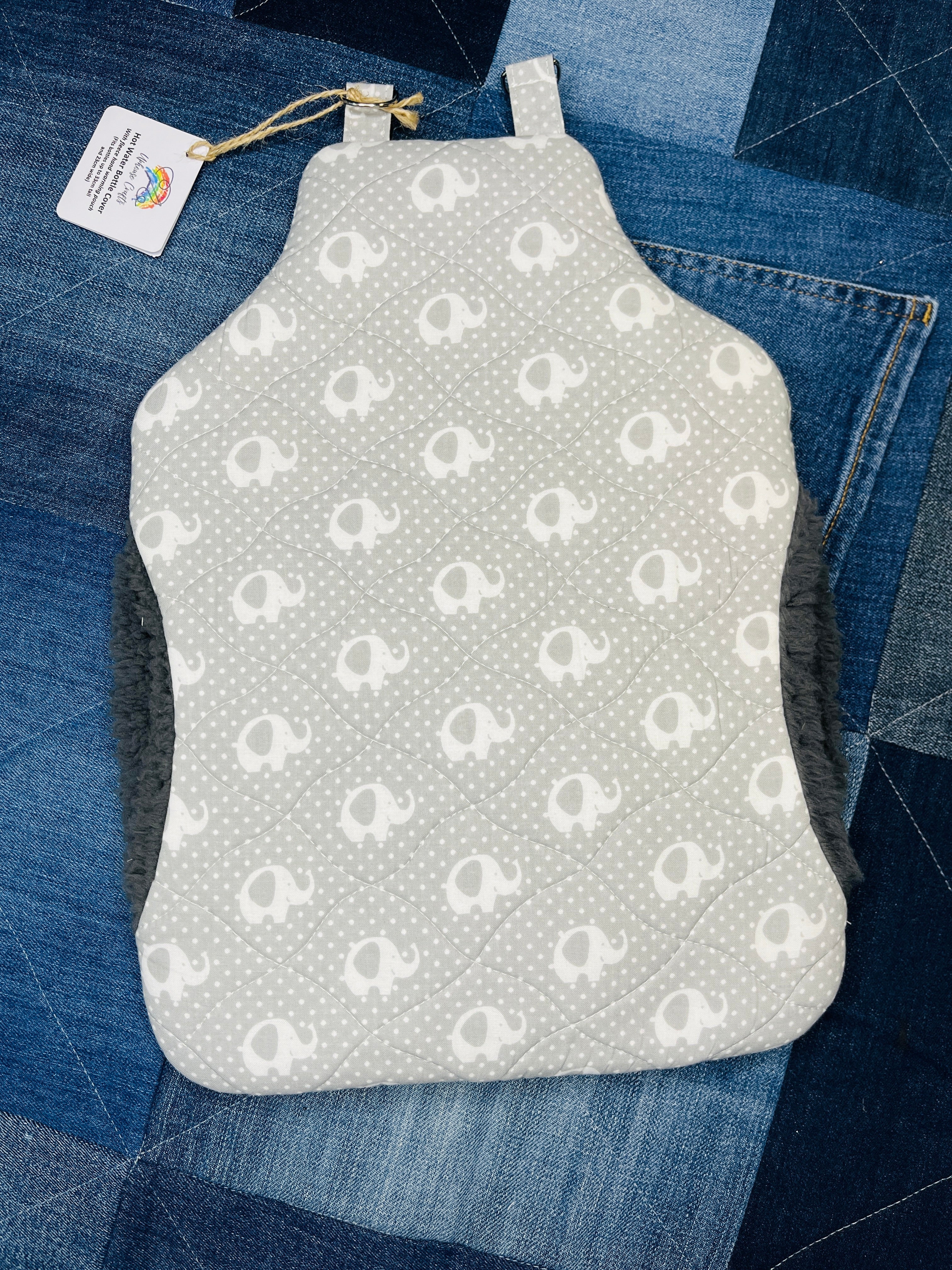Wearable Hot Water Bottle Cover | Grey & White Elephant - Uphouse Crafts