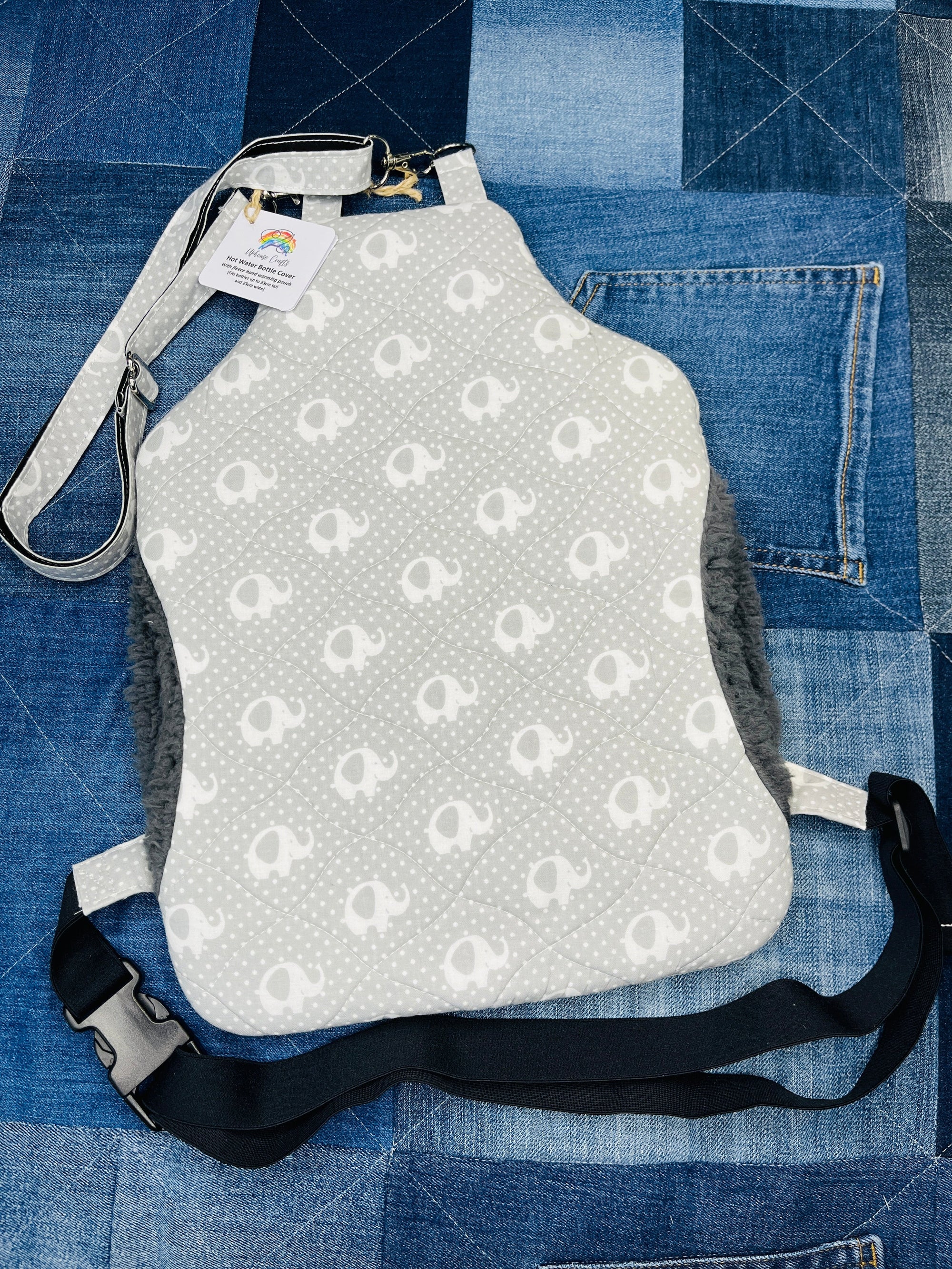 Wearable Hot Water Bottle Cover | Grey & White Elephant - Uphouse Crafts