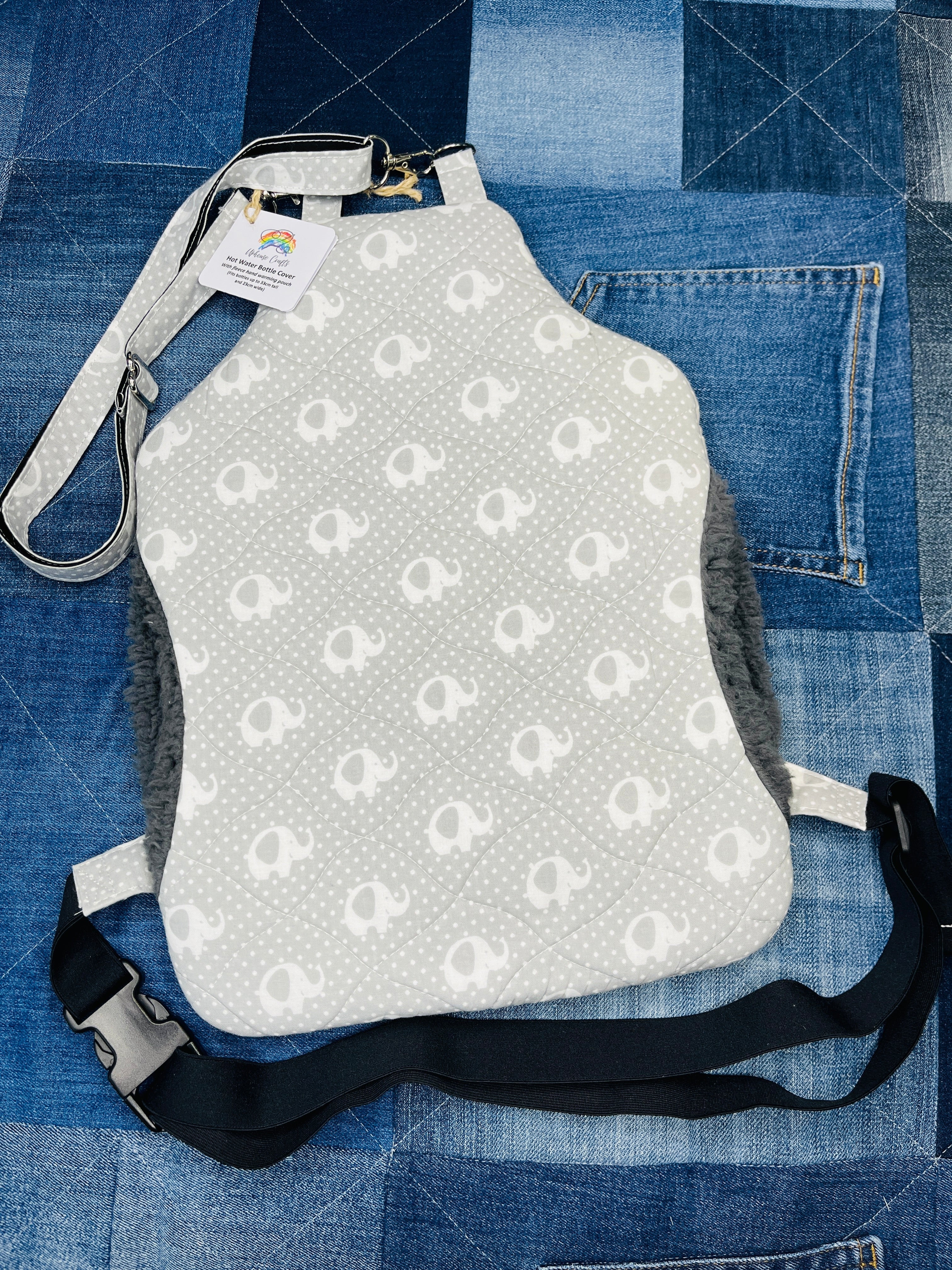 Wearable Hot Water Bottle Cover | Grey & White Elephant - Uphouse Crafts