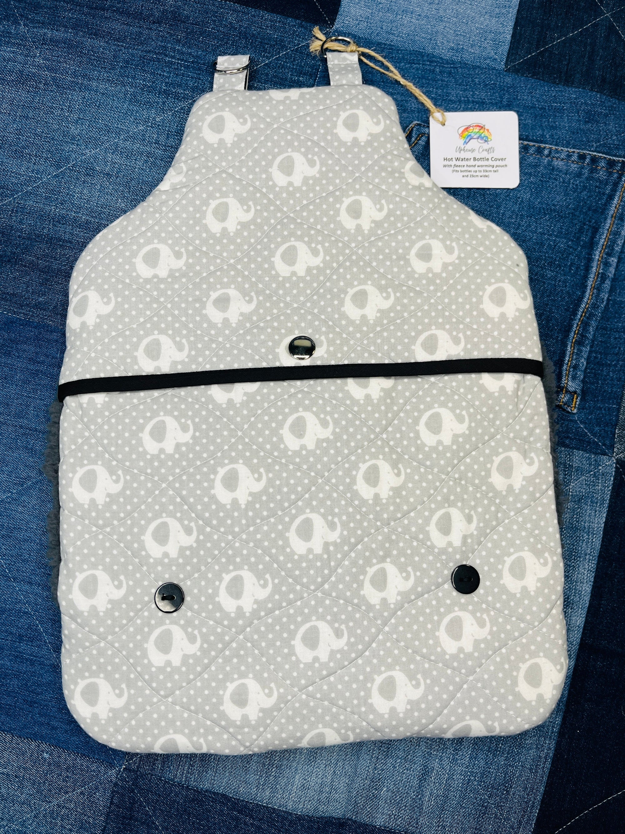 Wearable Hot Water Bottle Cover | Grey & White Elephant - Uphouse Crafts